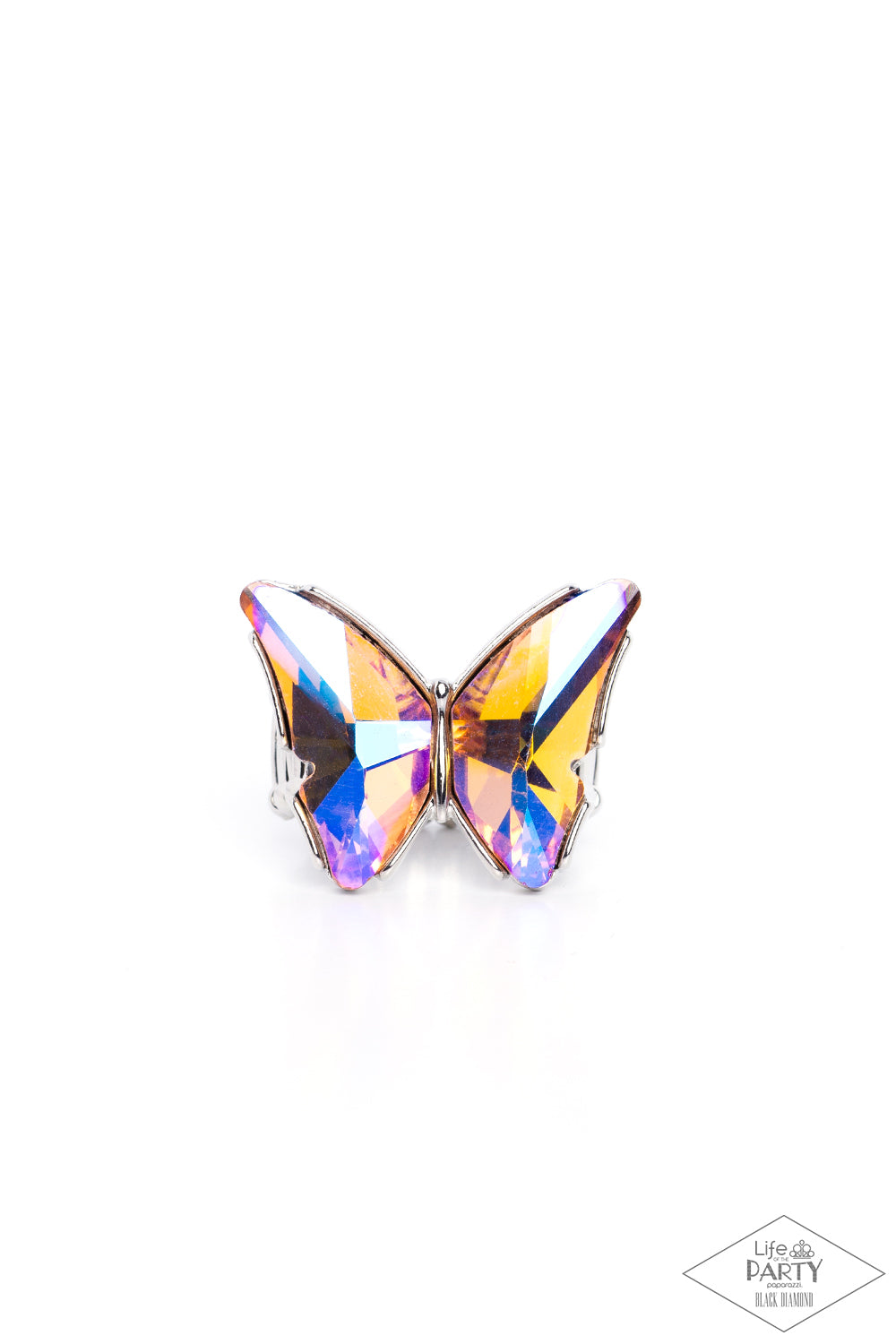 Fluorescent Flutter Orange Butterfly Ring - Paparazzi Accessories Featuring a stellar UV finish, a pair of glittery orange gems adorns the wings of a silver butterfly atop the finger for an eye-catching finish. Features a stretchy band for a flexible fit. Due to its prismatic palette, color may vary. Sold as one individual ring. P4RE-OGXX-062XX