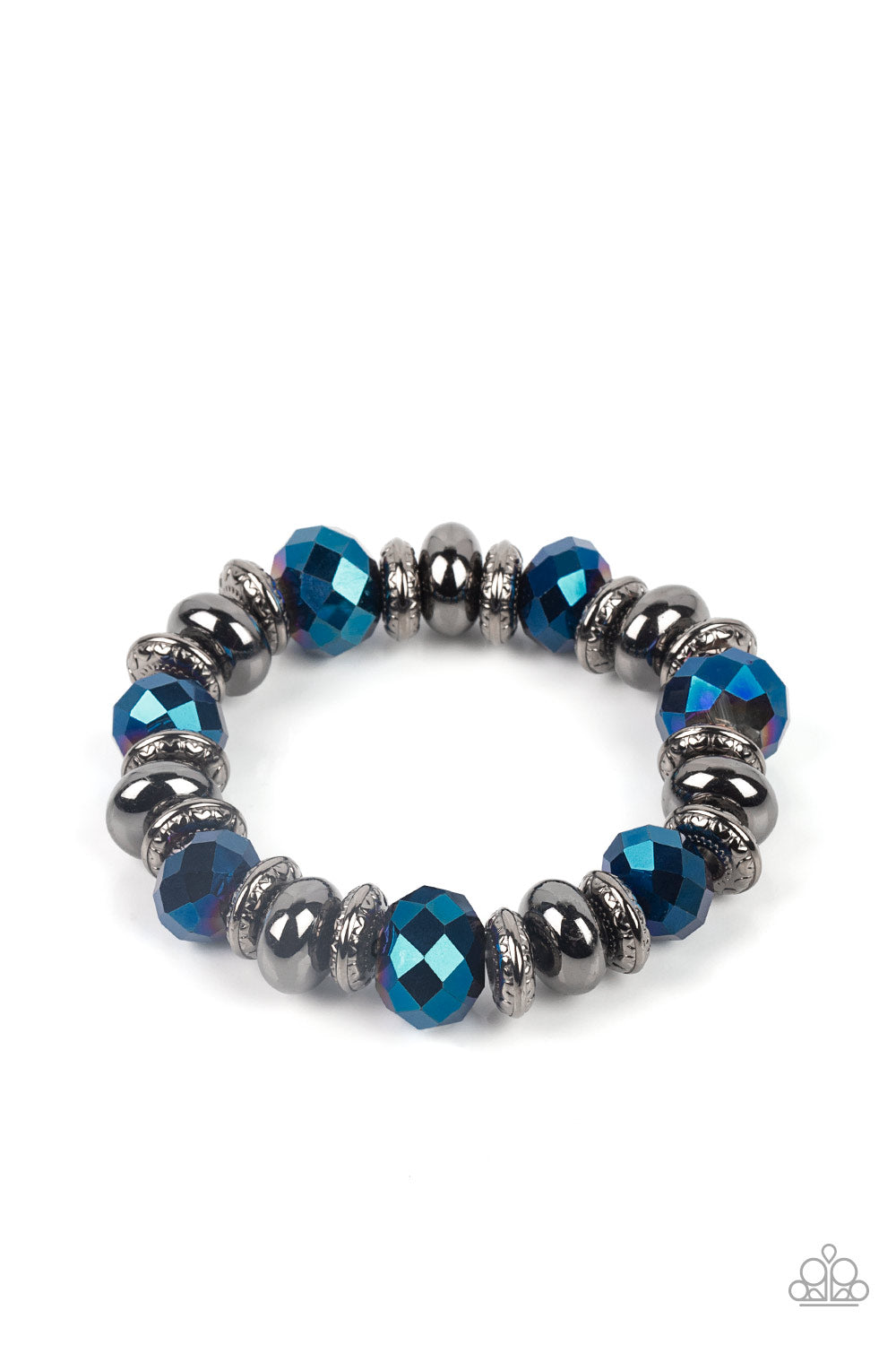 Power Pose Blue Bracelet - Paparazzi Accessories An oversized assortment of textured gunmetal rings, smooth gunmetal beads, and metallic blue crystal-like beads are threaded along stretchy bands around the wrist for a glitzy finish. Sold as one individual bracelet.