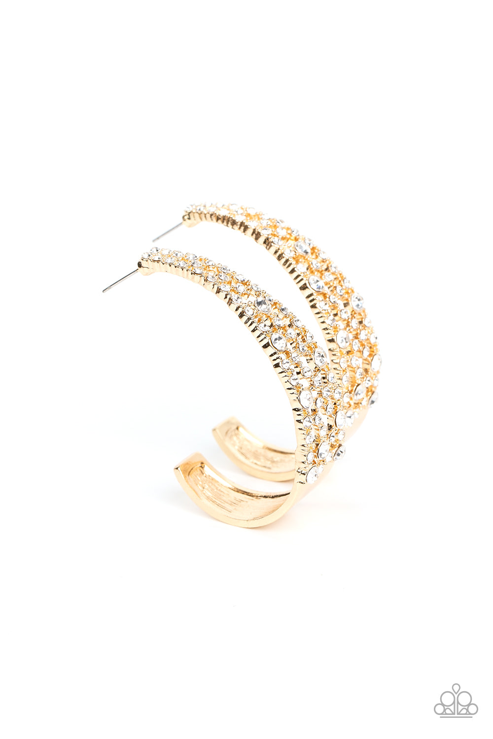 Cold as Ice Gold Hoop Earring - Paparazzi Accessories Classic white rhinestones dot a golden backdrop of dainty white rhinestones that delicately curves into a solid gold J-hoop, resulting in a jaw-dropping dazzle. Earring attaches to a standard post fitting. Hoop measures approximately 1 1/2" in diameter. Sold as one pair of hoop earrings.
