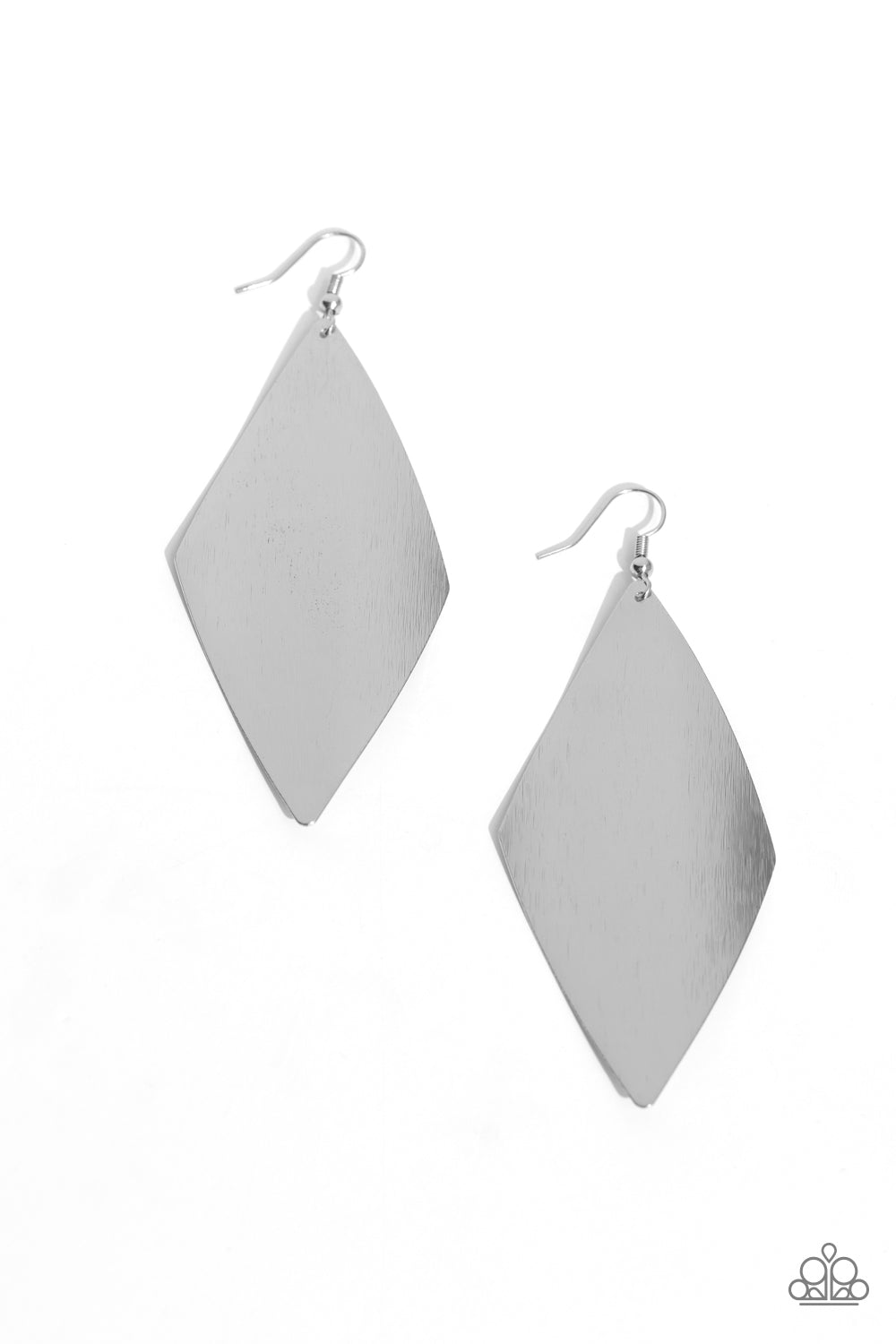Retro Rally Silver Earring - Paparazzi Accessories Etched in shimmer, a kite-shaped silver frame delicately folds and ripples as it falls from the ear for an edgy vibe. Earring attaches to a standard fishhook fitting. Featured inside The Preview at Made for More! Sold as one pair of earrings. P5ED-SVXX-169XX
