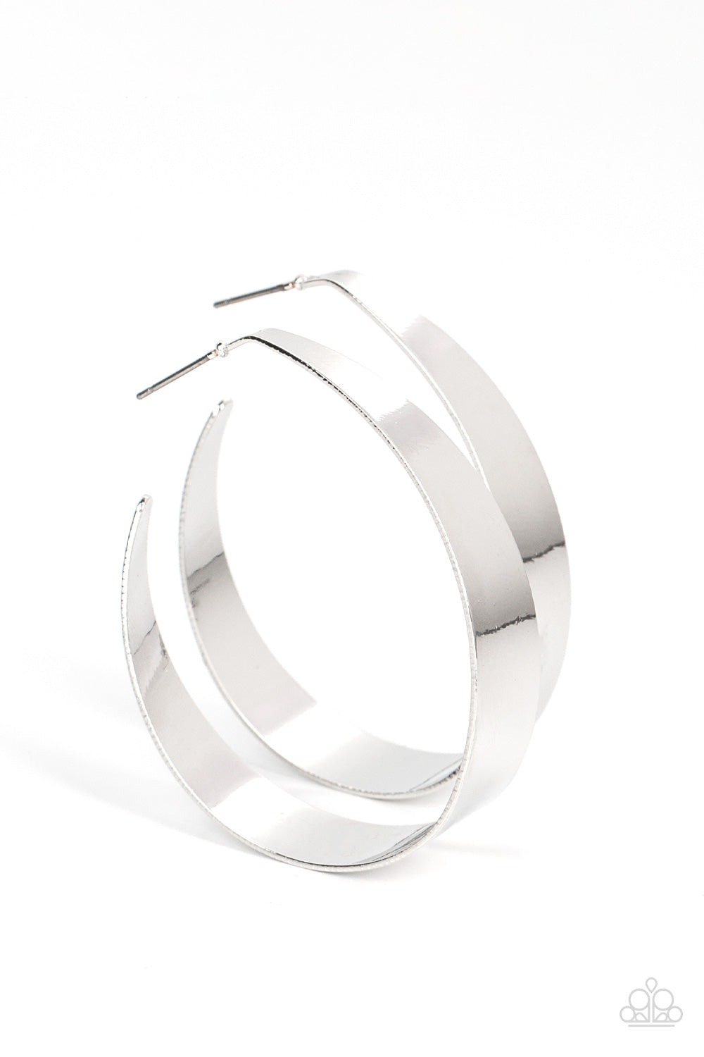 Flat Out Fashionable Silver Hoop Earring - Paparazzi Accessories A flat silver ribbon loops into a voluminous hoop, catching and refracting the light with the curve. Earring attaches to a standard post fitting. Hoop measures approximately 1 3/4" in diameter. Sold as one pair of hoop earrings.