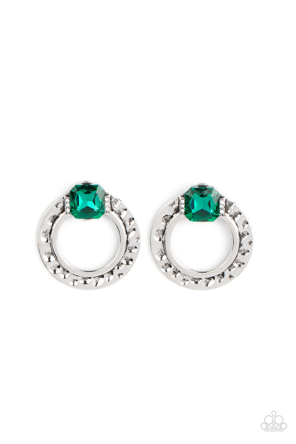 Smoldering Scintillation - Green Item #P5PO-GRXX-048XX Featuring a radiant cut, a green rhinestone sparkles between two dainty rows of glassy white rhinestones atop a hammered silver ring for a gritty yet glamorous finish. Earring attaches to a standard post fitting. Sold as one pair of post earrings.