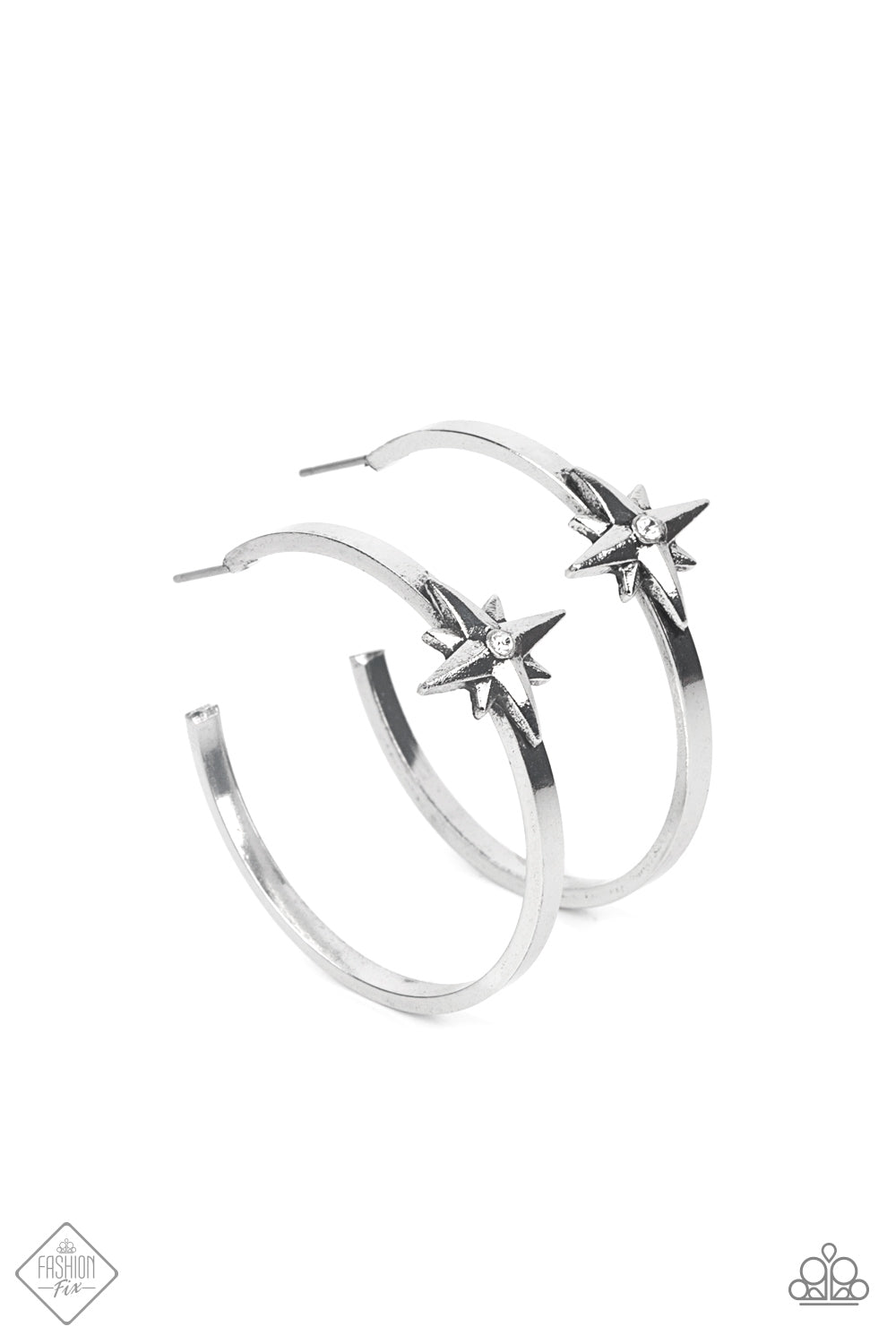 Lone Star Shimmer White Hoop Earring - Paparazzi Accessories A three-dimensional silver star, dotted with a single dainty white rhinestone, is affixed to the front of a curved silver bar, forming an out-of-this-world hoop earring. Hoop measures approximately 1½ inches. Sold as one pair of hoop earrings.