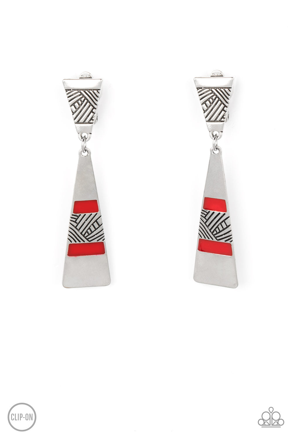 Safari Seeker Red Clip-On Earring - Paparazzi Accessories Etched in sections of slanted textile-like patterns, two antiqued triangular silver frames link into an edgy lure. The lowermost frame is painted in rows of shiny red accents, adding a fiery pop of color to the adventurous display. Earring attaches to a standard clip-on fitting. Sold as one pair of clip-on earrings.