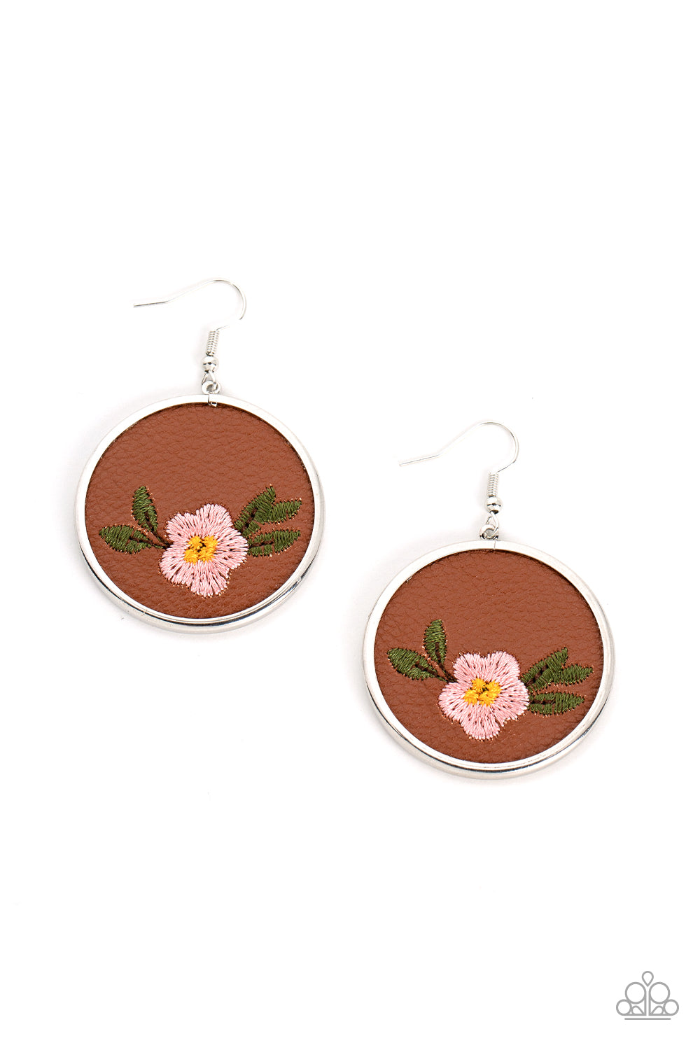 Prairie Patchwork Pink Earring - Paparazzi Accessories A leafy Gossamer Pink flower is embroidered along the bottom of a piece of leather that is encased in a sleek silver frame, blooming into a homespun fashion. Earring attaches to a standard fishhook fitting. Sold as one pair of earrings.