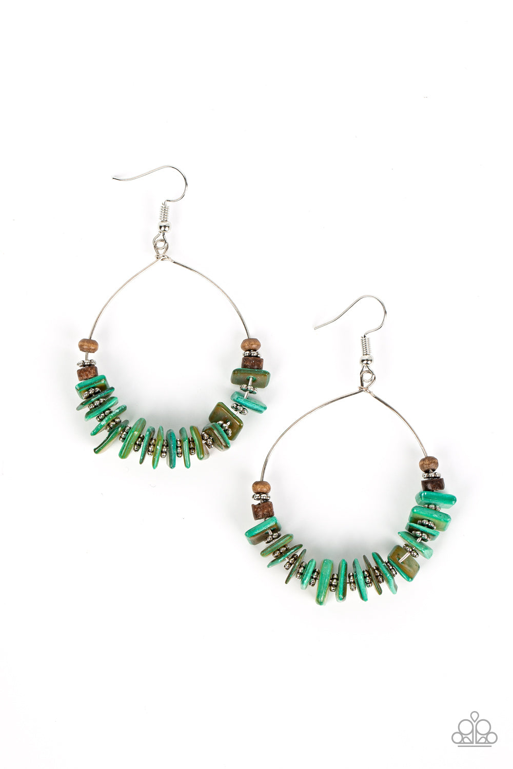 Hawaiian Kiss Green Wooden Earring - Paparazzi Accessories Infused with earthy wooden accents, studded silver rings and pieces of green shell-like pebbles alternate along a dainty wire hoop for a tropical inspiration. Earring attaches to a standard fishhook fitting. Sold as one pair of earrings. P5SE-GRXX-152XX