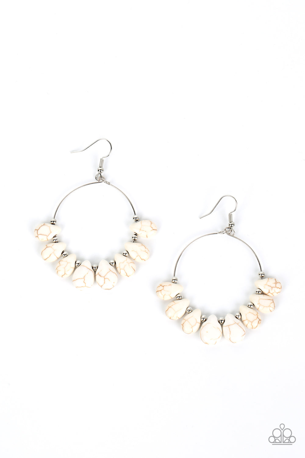Canyon Quarry White Stone Earring - Paparazzi Accessories Imperfect white teardrop stones alternate with dainty silver beads along a wire hoop, resulting in an adventurous fringe. Earring attaches to a standard fishhook fitting. Sold as one pair of earrings.