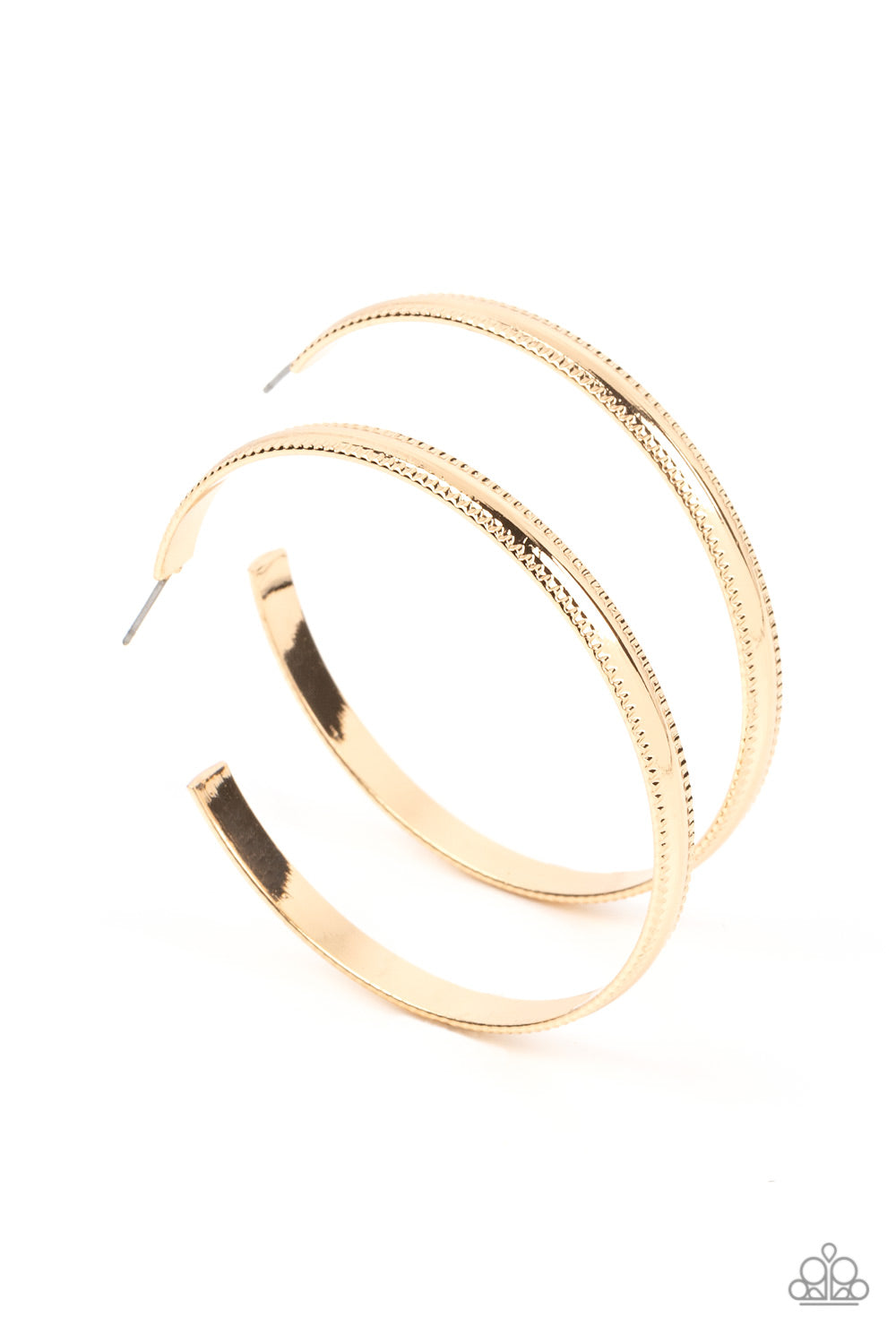 Monochromatic Magnetism Gold Hoop Earring - Paparazzi Accessories Bordered in gritty ribbons of texture, a flat gold bar curves into an oversized hoop for an intense industrial statement. Earring attaches to a standard post fitting. Hoop measures approximately 2 1/4" in diameter. Sold as one pair of hoop earrings.