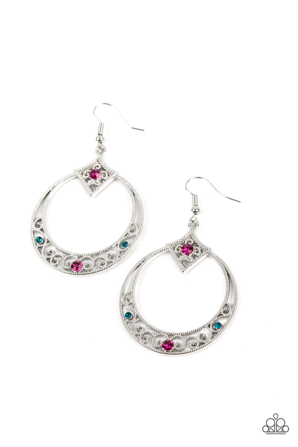 Royal Resort Multi Earring - Paparazzi Accessories Studded silver filigree swirls inside the bottom of a shiny silver hoop that is crowned in a diamond-shaped frame. Glittery pink and blue rhinestones are sprinkled along the vine-like motifs, adding a glitzy finish to the seasonal inspired frame. Earring attaches to a standard fishhook fitting. Sold as one pair of earrings.
