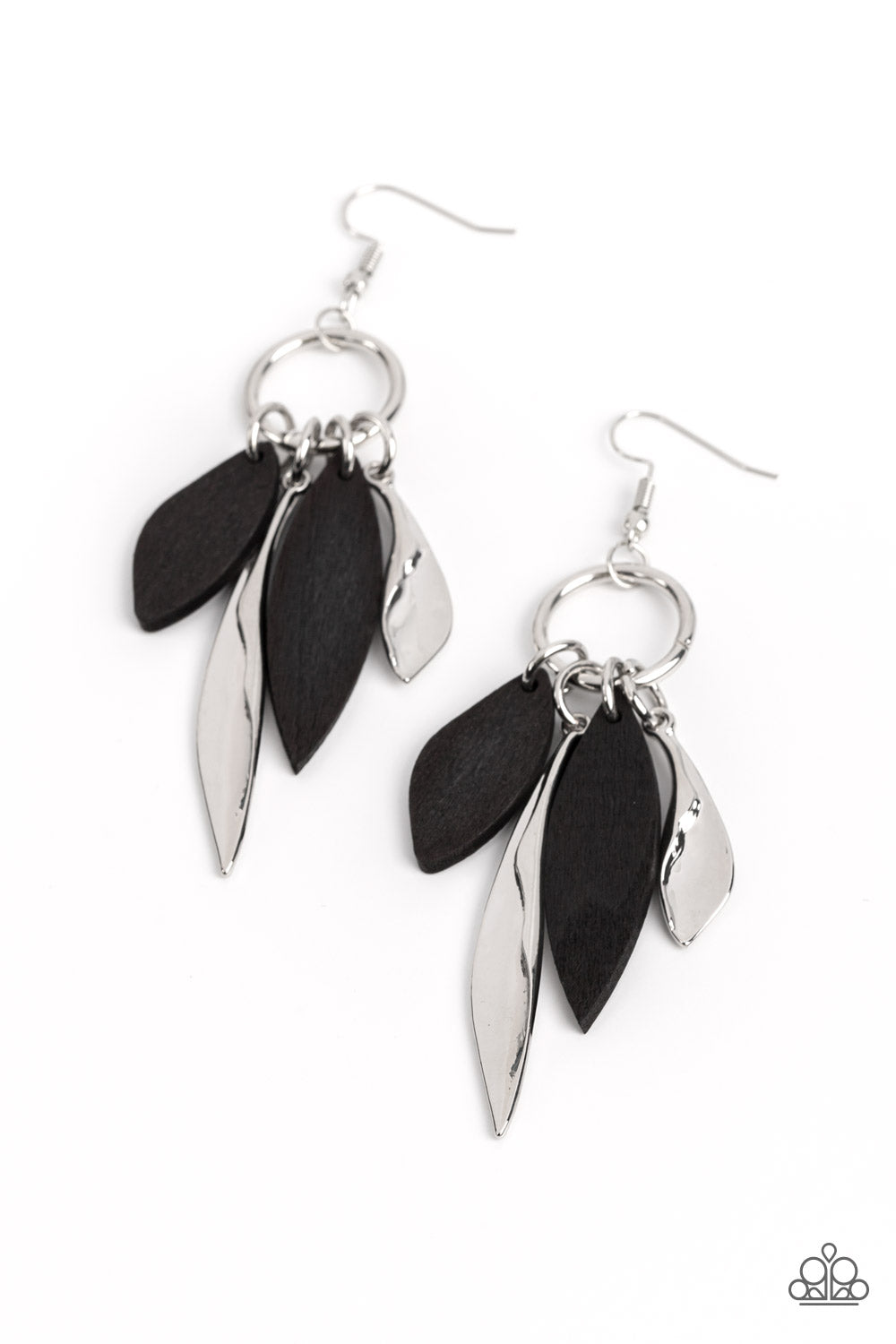Primal Palette Black Earring - Paparazzi Accessories A mismatched collection of asymmetrical black wooden frames and warped silver petals glide along a silver ring, resulting in an earthy tassel. Earring attaches to a standard fishhook fitting. Sold as one pair of earrings. P5SE-BKXX-317XX