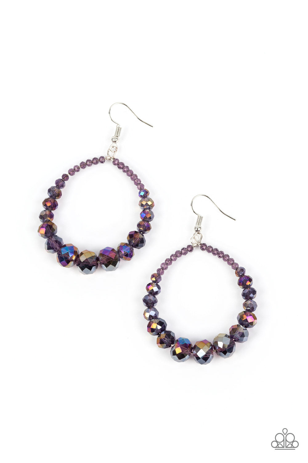 Astral Aesthetic Purple Earring - Paparazzi Accessories Featuring a flashy faceted finish, purple gems with a kaleidoscopic overlay gradually increase in size as they glide along a wire hoop, resulting in a stellar teardrop. Earring attaches to a standard fishhook fitting. Featured inside The Preview at GLOW! Sold as one pair of earrings.