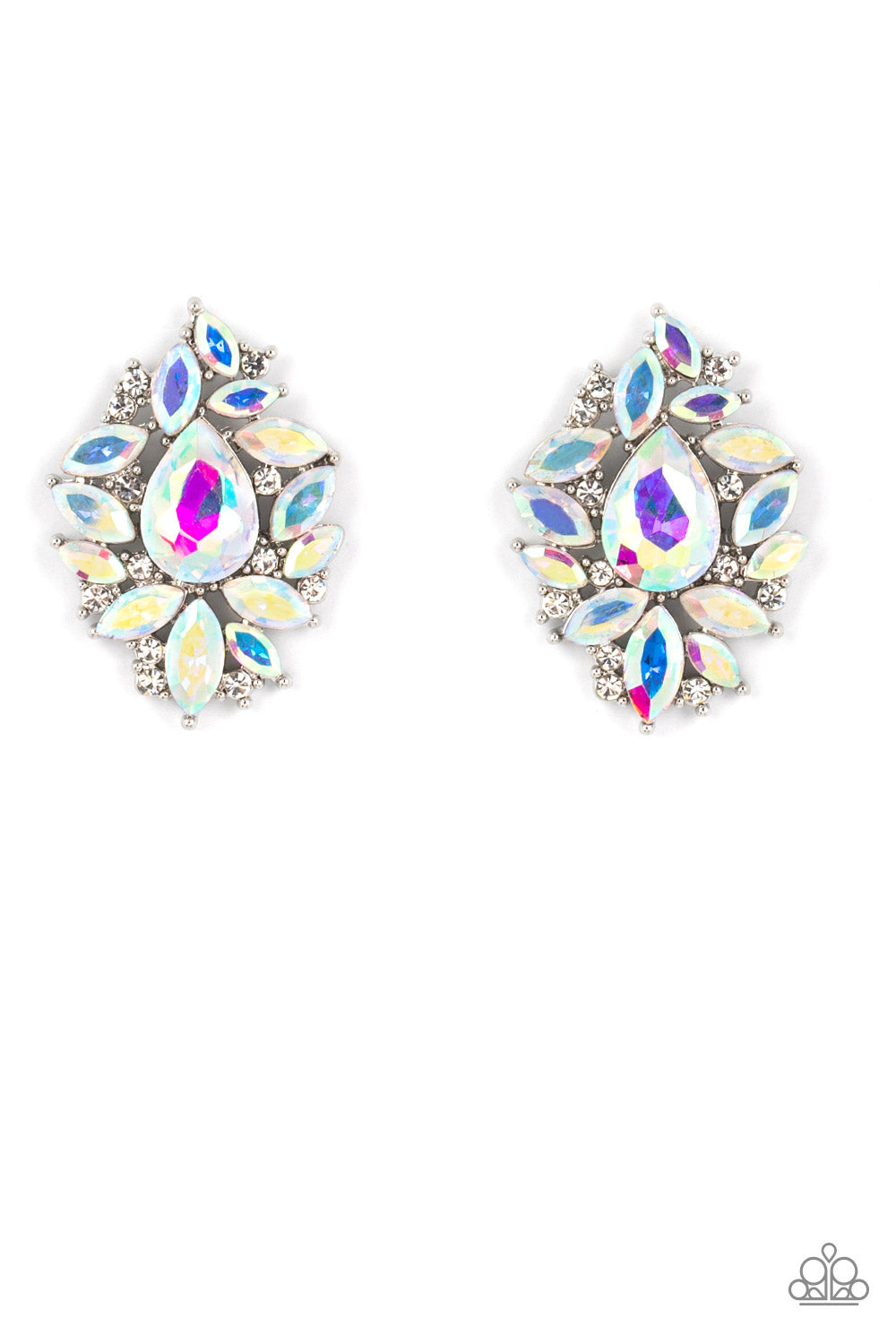 We All Scream for Ice QUEEN Multi Earring - Paparazzi Accessories Crackling with icy incandescence, a sparkly collection of round white and marquise cut iridescent rhinestones scatters from an oversized iridescent teardrop gem for a jaw-dropping dazzle. Due to its prismatic palette, color may vary. Earring attaches to a standard post fitting. Sold as one pair of post earrings.