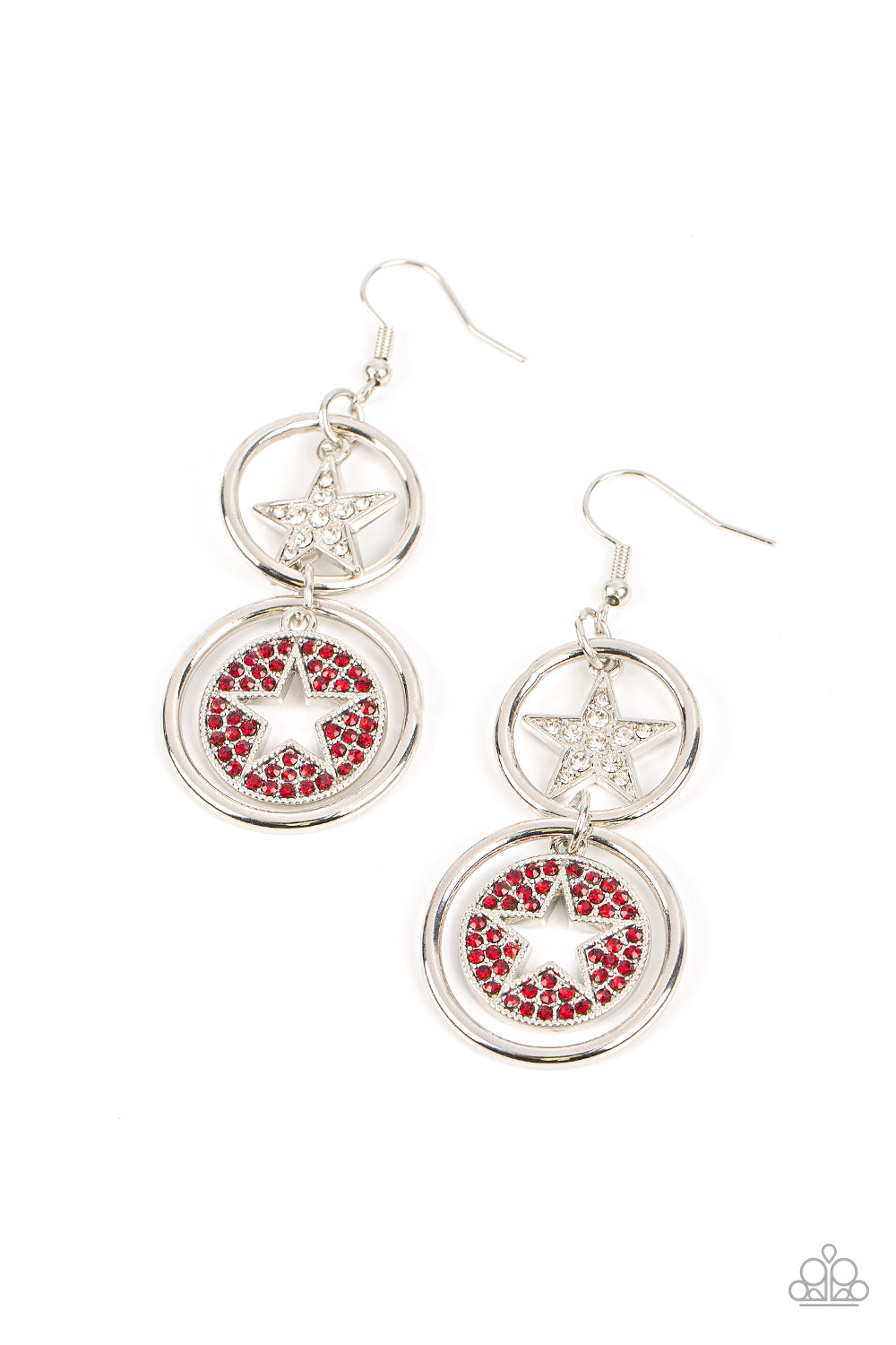 Liberty and SPARKLE for All Red Earring - Paparazzi Accessories Two silver hoops link into a stacked lure. A white rhinestone encrusted silver star twinkles from the uppermost hoop, while a red rhinestone dotted silver frame featuring an airy star cutout sparkles from the bottom for a stellar finish. Earring attaches to a standard fishhook fitting. Sold as one pair of earrings.