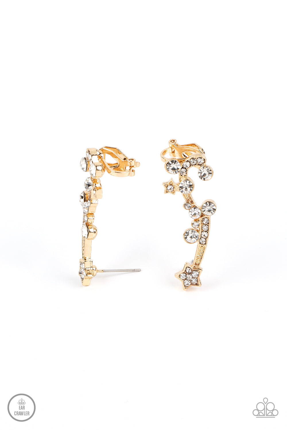 Astral Anthem Gold Star Ear Crawler Earring - Paparazzi Accessories Dotted with dainty gold studs, glittery white rhinestones, a white rhinestone dotted star, and a glittery ribbon streams out from a white rhinestone dotted gold star like a shooting star as it climbs the ear. Earring attaches to a standard post fitting. Features a clip-on fitting at the top for a secure fit. Sold as one pair of ear crawlers.