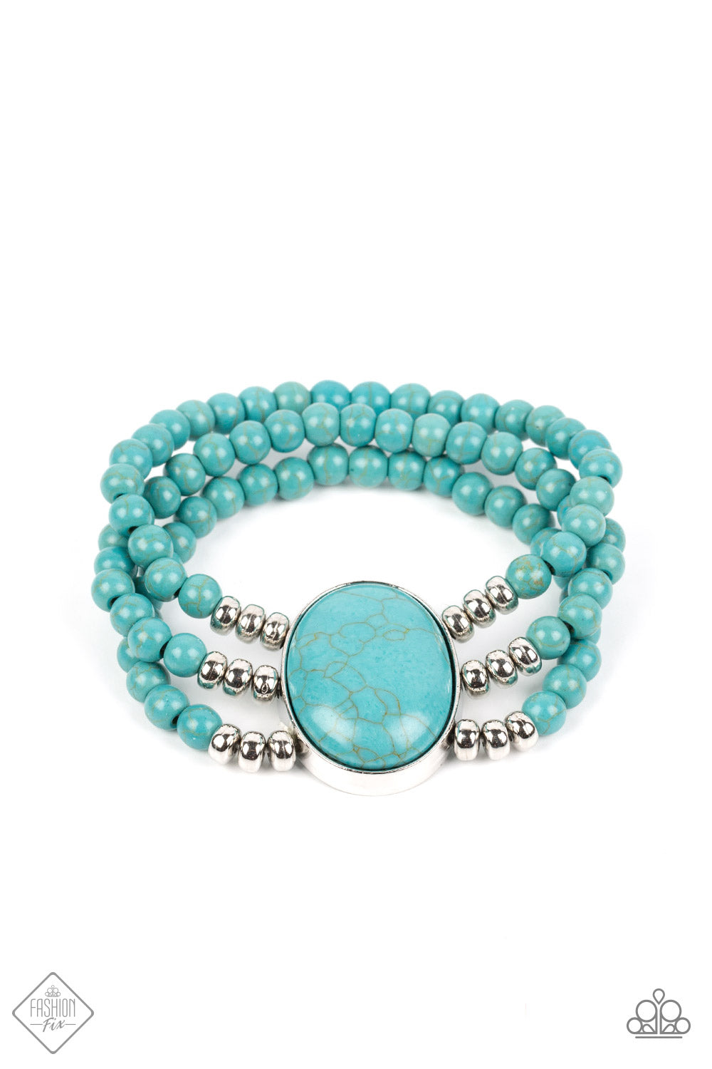 Stone Pools Blue Bracelet - Paparazzi Accessories Layers of turquoise beads are threaded along stretchy bands that connect to a stunning oval turquoise stone, creating an extraordinary statement piece around the wrist. Sold as one individual bracelet.