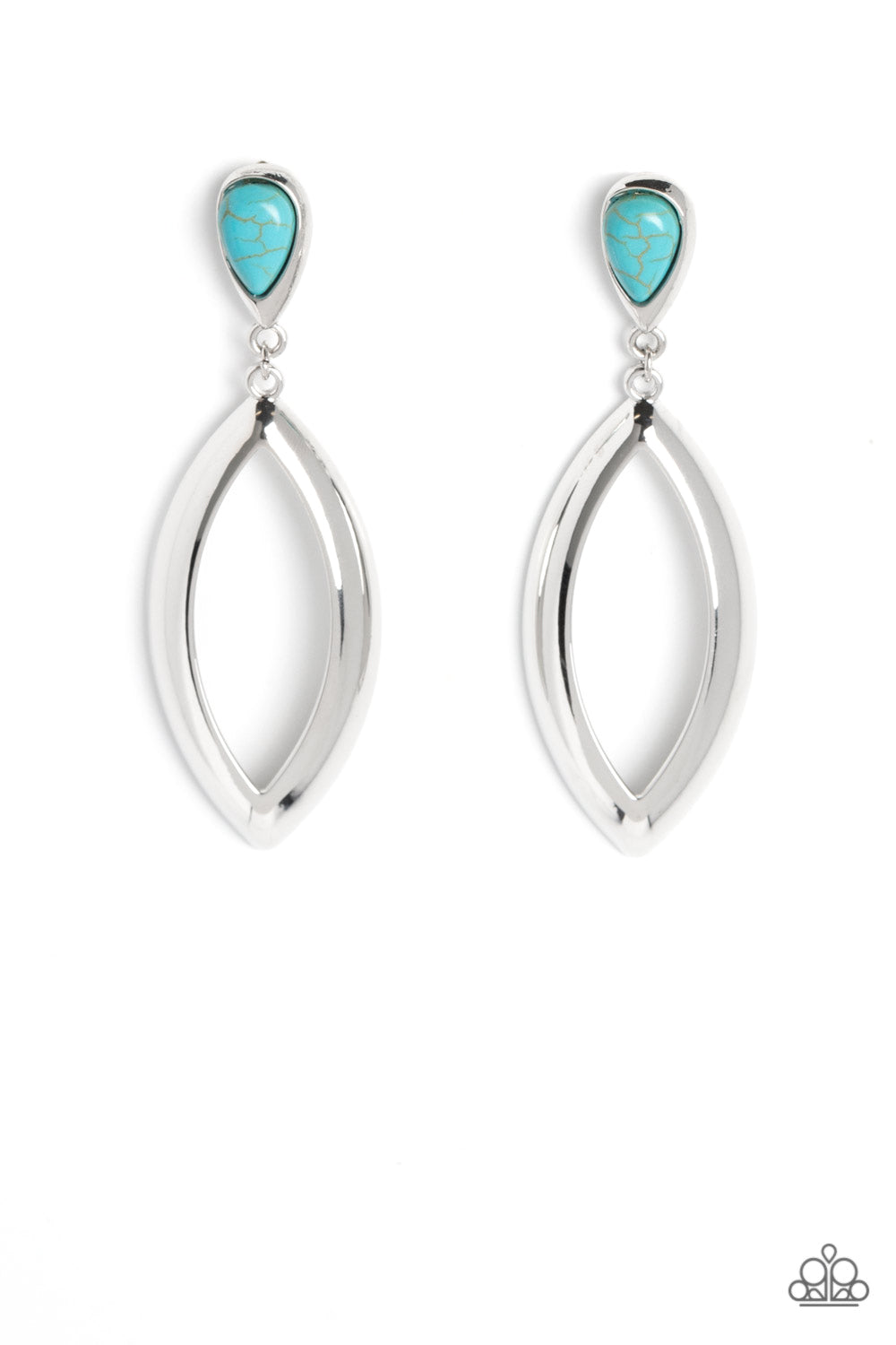 Artisan Anthem Turquoise Post Earring - Paparazzi Accessories Set in a sleek silver fitting, a teardrop turquoise stone gives way to a beveled silver teardrop frame for an artisan inspired expression. Earring attaches to a standard post fitting. Sold as one pair of post earrings.