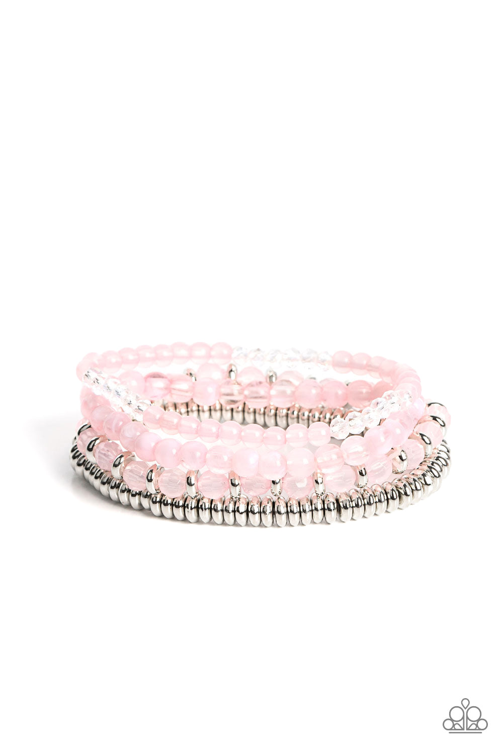 Destination Dreamscape Pink Bracelet - Paparazzi Accessories A mismatched collection of opaque and crystal-like Gossamer Pink beads intermix with silver accents and white crystal-like beads along stretchy bands around the wrist, creating colorful layers. Sold as one set of four bracelets.