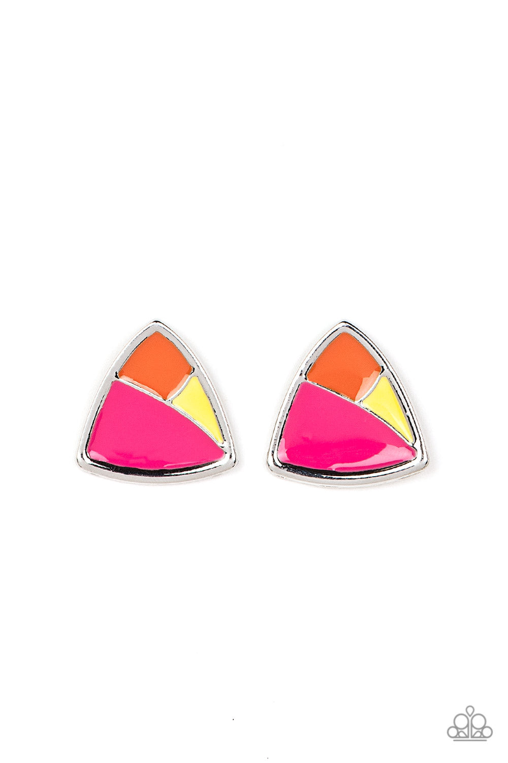 Kaleidoscopic Collision Multi Post Earring - Paparazzi Accessories A collision of Daffodil, Innuendo, and orange painted accents beam inside an asymmetric triangular frame for a contemporary pop of color. Earring attaches to a standard post fitting. Sold as one pair of post earrings. P5PO-MTXX-077XX