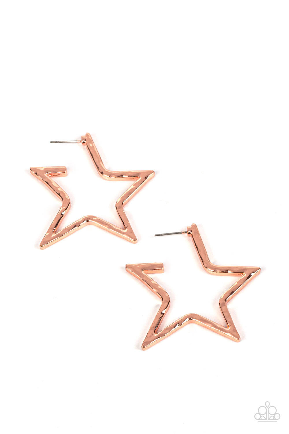 All-Star Attitude Copper Earring - Paparazzi Accessories A hammered shiny copper bar delicately folds into a star-shaped hoop, resulting in a stellar metallic shimmer. Earring attaches to a standard post fitting. Sold as one pair of hoop earrings.