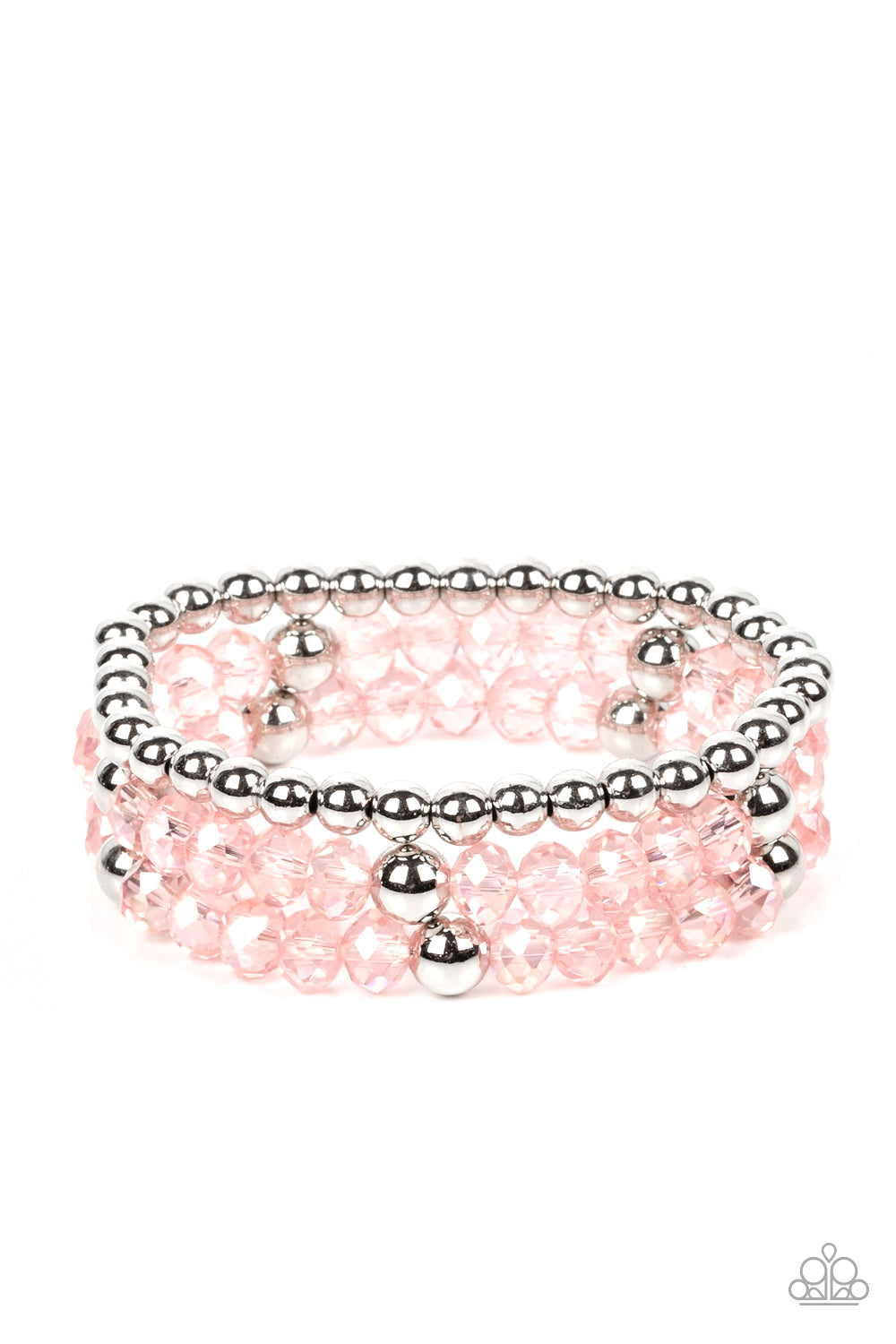 Prismatic Perceptions Pink Stretch Bracelet - Paparazzi Accessories A playful collection of shiny silver beads and sparkly Gossamer Pink crystal-like beads are threaded along stretchy bands around the wrist, resulting in colorful layers. Featured inside The Preview at GLOW! Sold as one set of three bracelets.