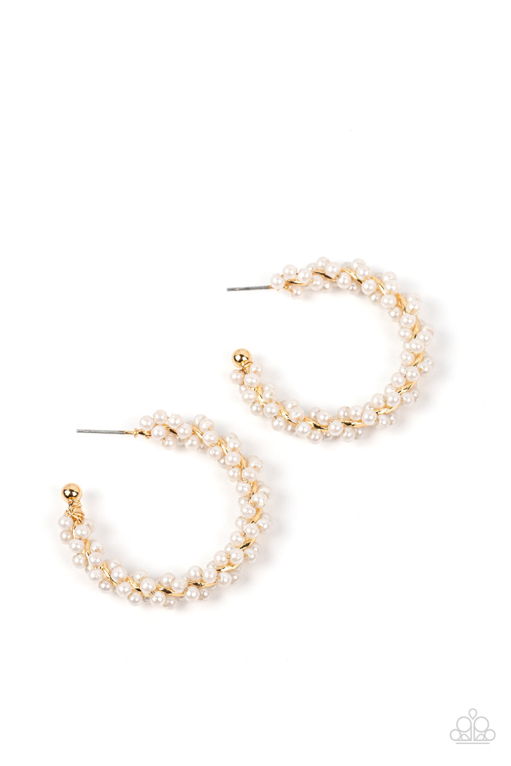 Yacht Royale Gold Hoop Earring - Paparazzi Accessories A dainty strand of white pearls is delicately wrapped around a classic gold hoop, creating bubbly refinement. Earring attaches to a standard post fitting. Hoop measures approximately 1 1/2" in diameter. Sold as one pair of hoop earrings. P5HO-GDXX-269XX