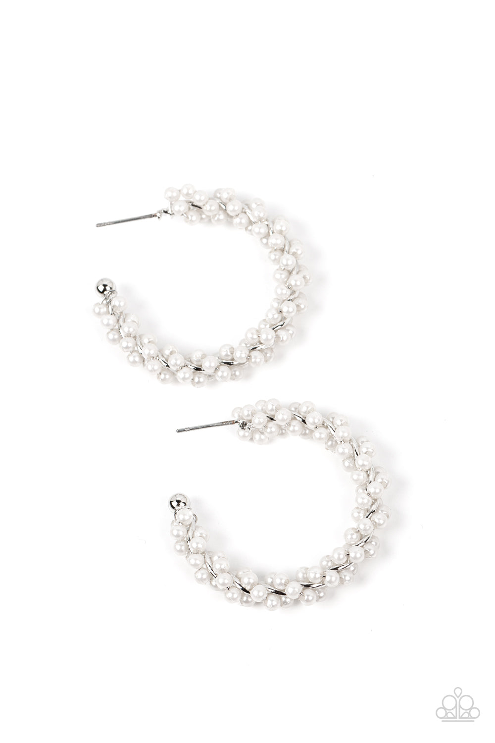 Yacht Royale White Pearl Hoop Earring - Paparazzi Accessories A dainty strand of white pearls is delicately wrapped around a classic silver hoop, creating bubbly refinement. Earring attaches to a standard post fitting. Hoop measures approximately 1 1/2" in diameter. Sold as one pair of hoop earrings. P5HO-WTXX-129XX