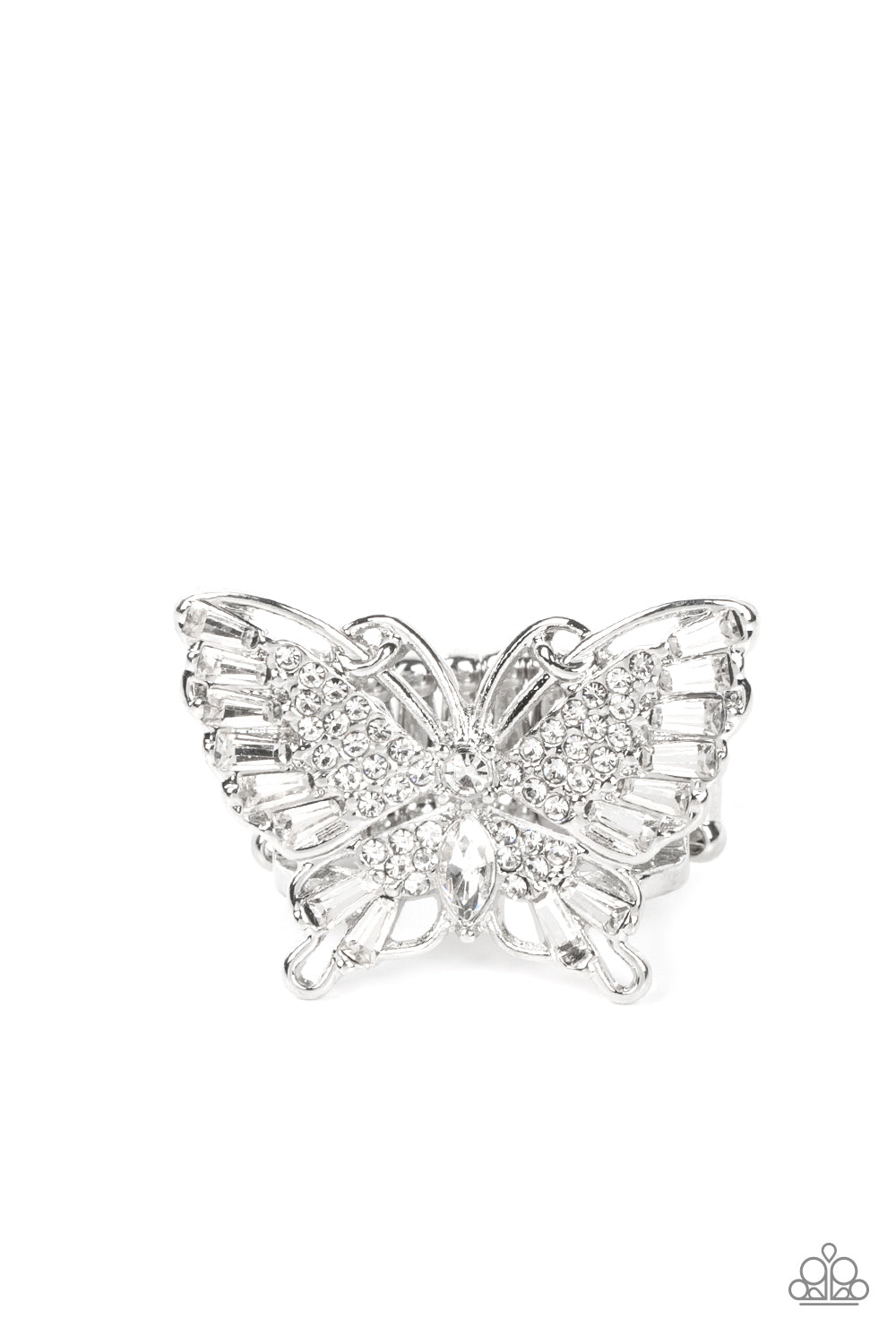 Fearless Flutter White Ring - Paparazzi Accessories Sparkling with round, teardrop, and emerald cut white rhinestones, a silver butterfly fearlessly flutters atop the finger for a statement-making finish. Features a stretchy band for a flexible fit. Sold as one individual ring.