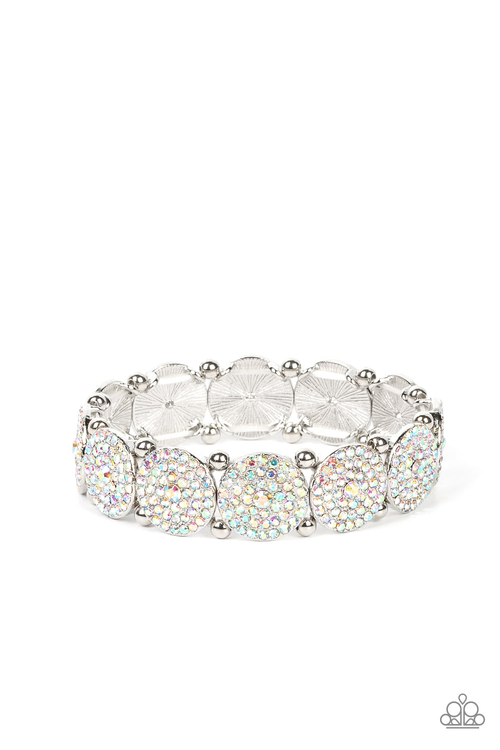 Palace Intrigue Multi Bracelet - Paparazzi Accessories Separated by pairs of silver beads, iridescent rhinestone encrusted silver frames glitter along stretchy bands around the wrist for an out-of-this-world sparkle. Due to its prismatic palette, color may vary. Sold as one individual bracelet.