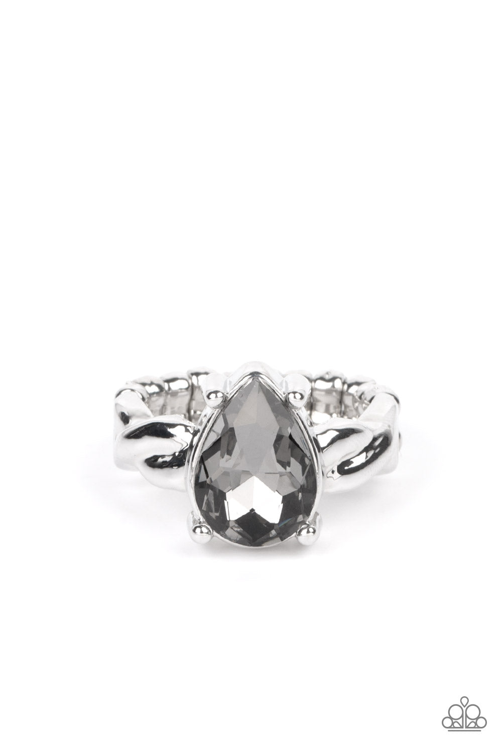 Law of Attraction Silver Ring - Paparazzi Accessories A smoky teardrop gem sits regally atop a twisted silver band, creating a stunning centerpiece atop the finger. Features a dainty stretchy band for a flexible fit. Sold as one individual ring.