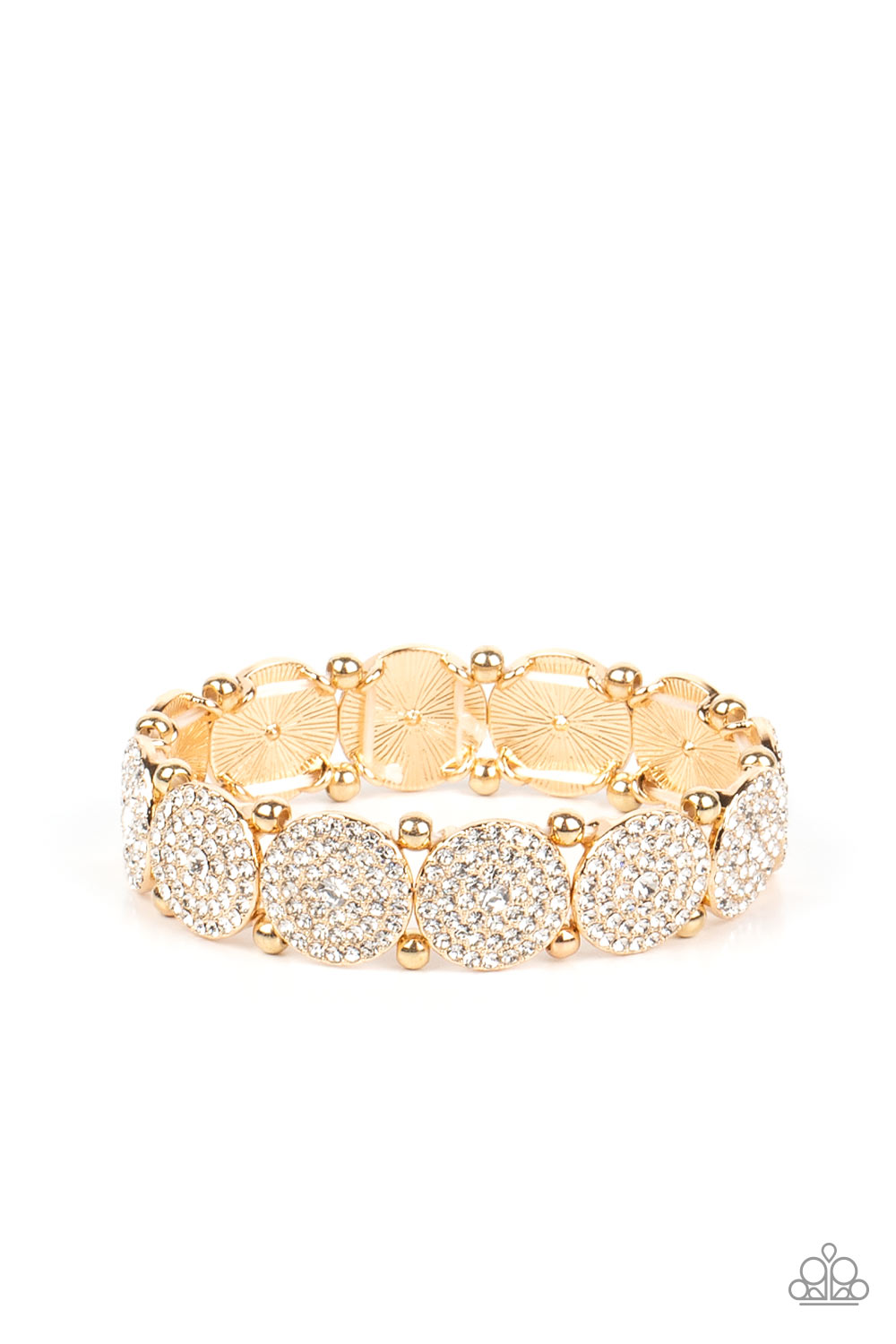 Palace Intrigue Gold Bracelet - Paparazzi Accessories Separated by pairs of gold beads, icy white rhinestone encrusted gold frames glitter along stretchy bands around the wrist for a timeless twinkle. Sold as one individual bracelet.