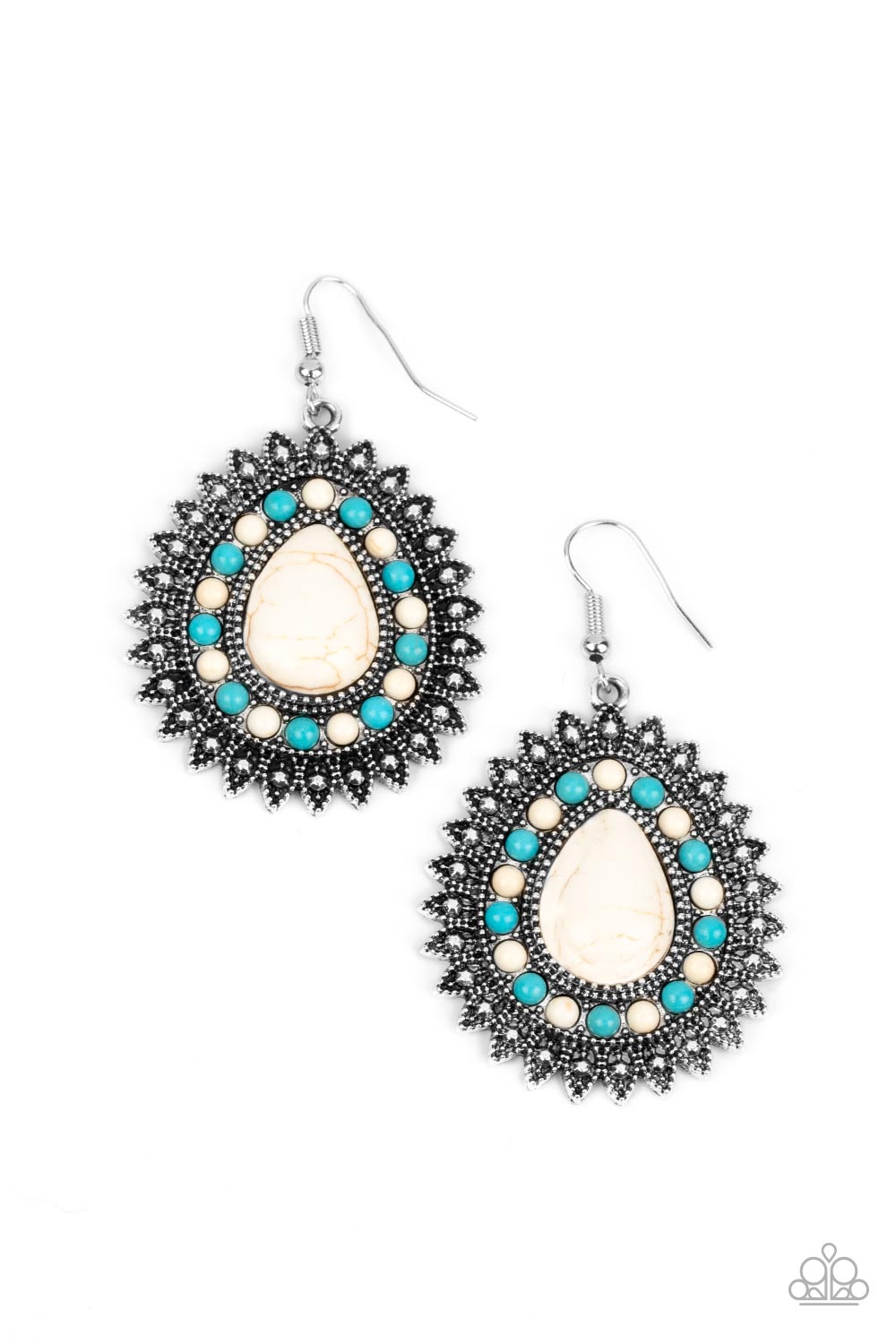 Sagebrush Sabbatical White Earring - Paparazzi Accessories Dainty turquoise and white stones encircle an oversized white teardrop stone atop a studded silver backdrop. Studded silver petals flare out from the teardrop frame, adding authentic texture to the seasonal centerpiece. Earring attaches to a standard fishhook fitting. Featured inside The Preview at GLOW! Sold as one pair of earrings.