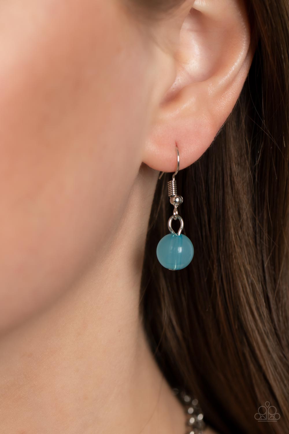 Mere Magic Blue Necklace - Paparazzi Accessories Featuring various shapes and finishes, a mismatched assortment of silver, iridescent, opaque Waterspout beads have been threaded along invisible wires below the collar, creating ethereal layers. Features an adjustable clasp closure. Due to its prismatic palette, color may vary. Sold as one individual necklace. Includes one pair of matching earrings.