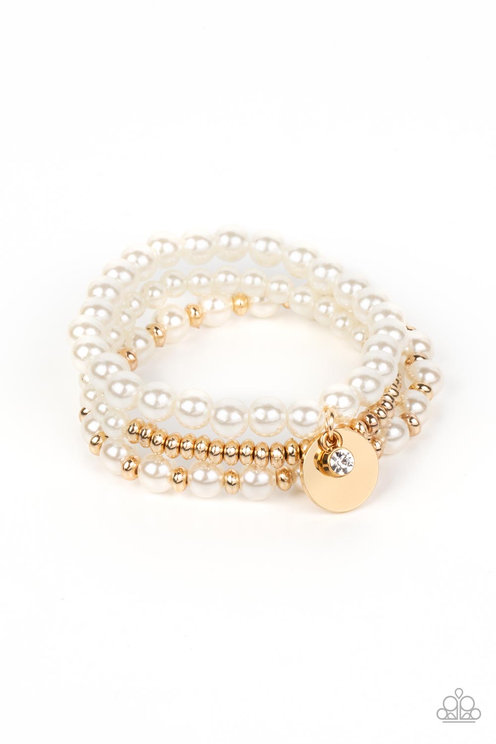 Pearly Professional Gold Bracelet - Paparazzi Accessories Classic white pearls, glistening gold beads, and a white crystal rhinestone are threaded along elastic stretchy bands, creating refined layers across the wrist. Sold as one set of three bracelets. P9RE-GDXX-373XX