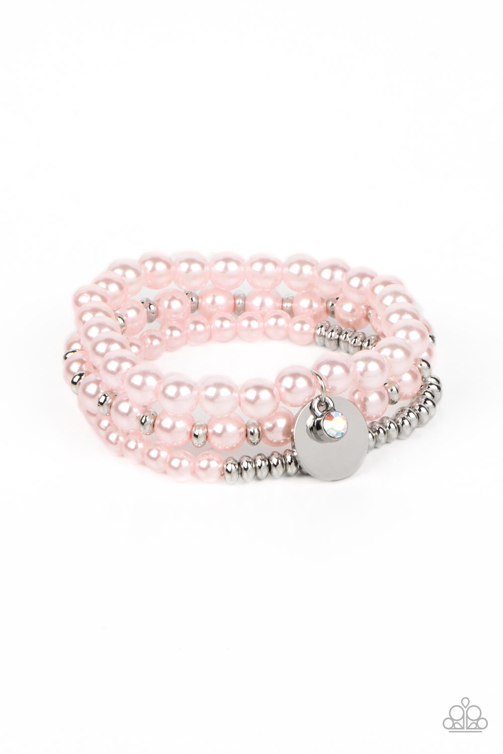 Pearly Professional Pink Bracelet - Paparazzi Accessories Pink pearls, glistening silver beads, and an iridescent rhinestone are threaded along elastic stretchy bands, creating refined layers across the wrist. Sold as one set of three bracelets. P9RE-PKXX-300XX