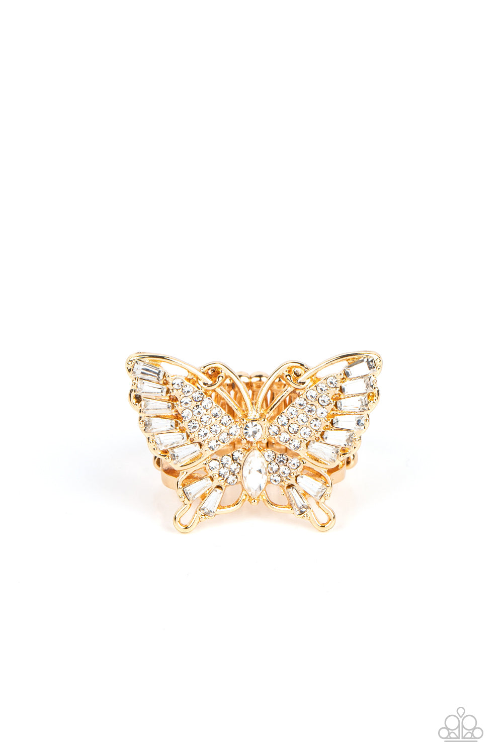 Fearless Flutter Gold Butterfly Ring - Paparazzi Accessories Sparkling with round, teardrop, and emerald cut white rhinestones, a gold butterfly fearlessly flutters atop the finger for a statement-making finish. Features a stretchy band for a flexible fit. Sold as one individual ring.