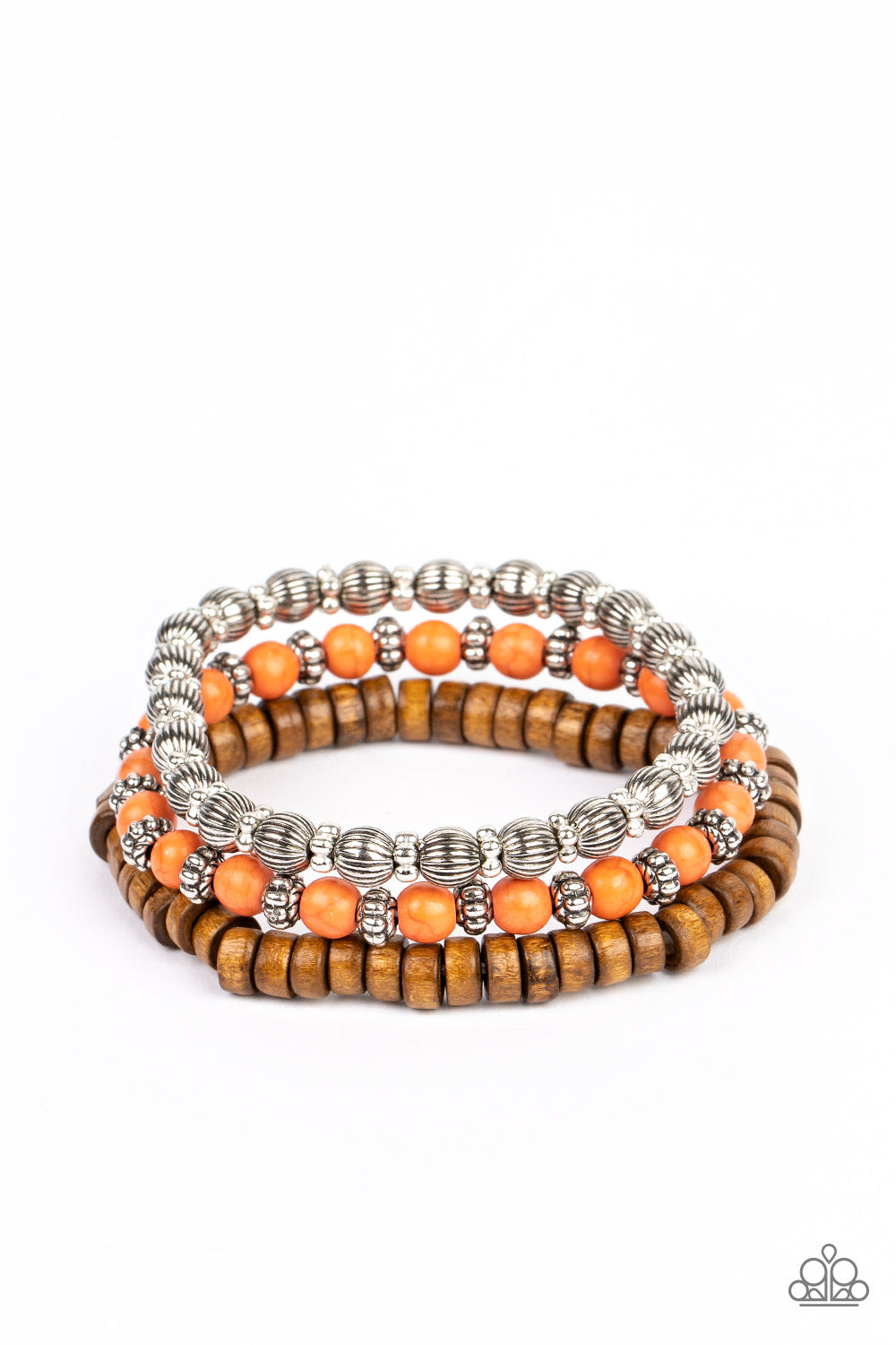 ESCAPADE Route Orange Bracelet - Paparazzi Accessories Vivacious orange stone beads, wooden beads, and antiqued silver beads are threaded along elastic stretchy bands. Sprinkled between the colorful beads are dainty silver-studded flower beads for a whimsical finish. Sold as one set of three bracelets.