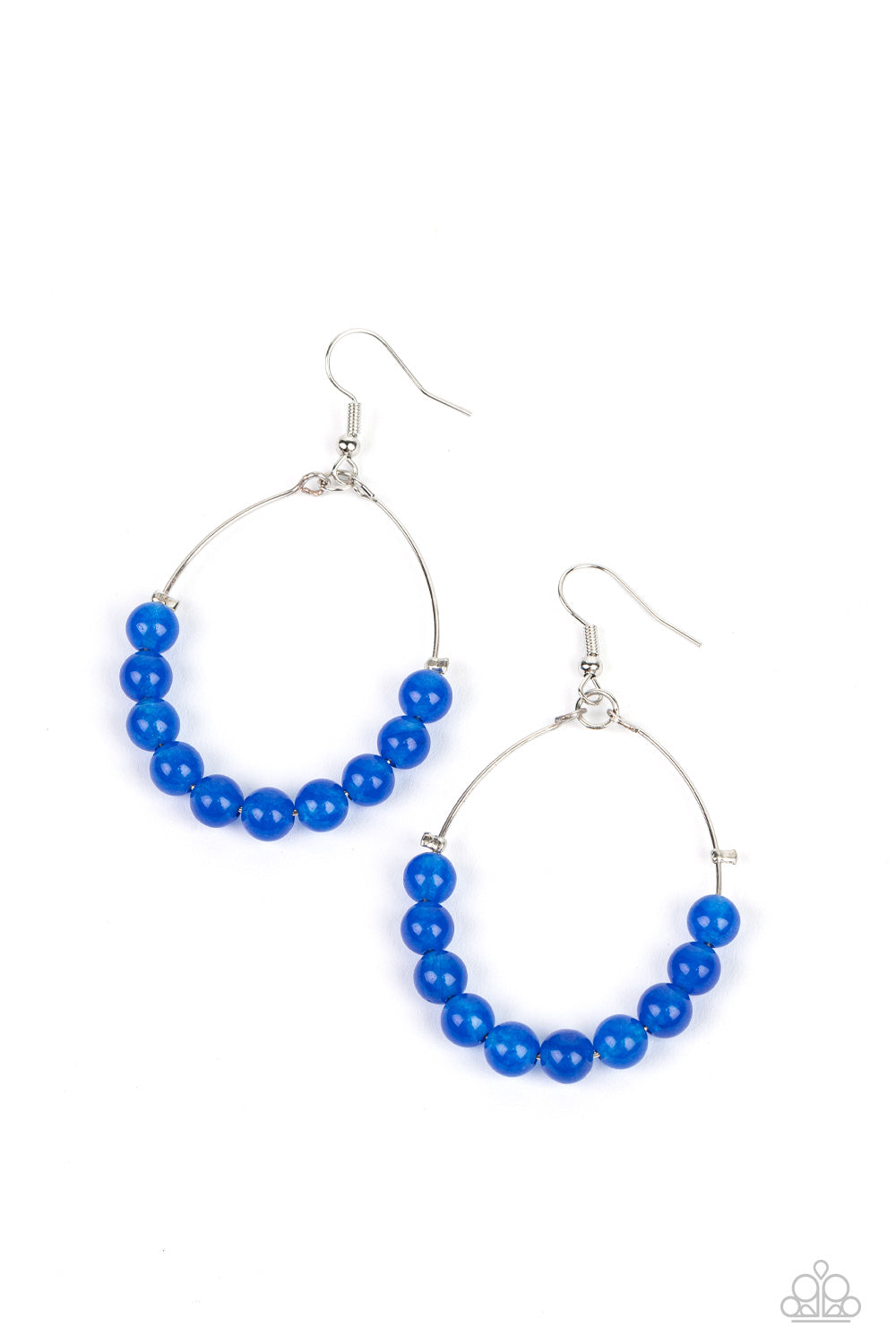 Catch a Breeze Blue Earring - Paparazzi Accessories Blue stones are threaded along dangling silver hoops, evoking a trendy laidback design. Earring attaches to a standard fishhook fitting. Sold as one pair of earrings.