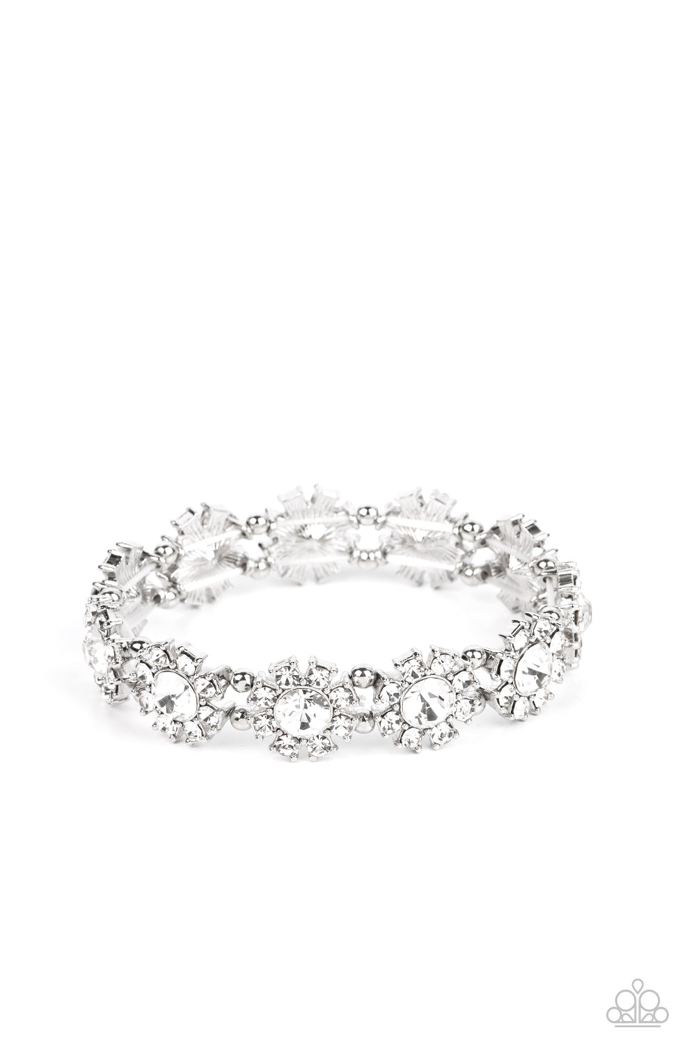 Premium Perennial White Bracelet - Paparazzi Accessories Separated by pairs of dainty silver beads, rhinestone-dotted petals bloom from oversized white rhinestone centers along stretchy bands around the wrist for a flirtatious floral fashion. Sold as one individual bracelet.