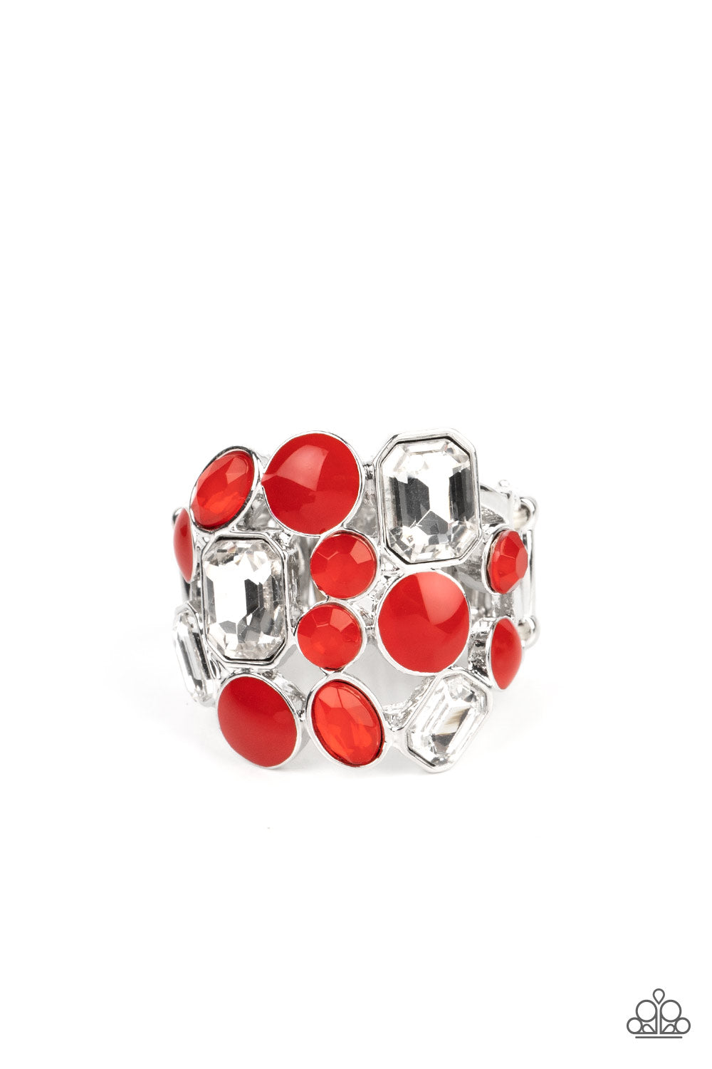 Multichromatic Meditation Red Ring - Paparazzi Accessories Sparkling white emerald-cut gems, red rhinestones, and red enamel-coated circles in varying sizes gather into an ethereal cluster atop the finger. Features a stretchy band for a flexible fit. Sold as one individual ring.