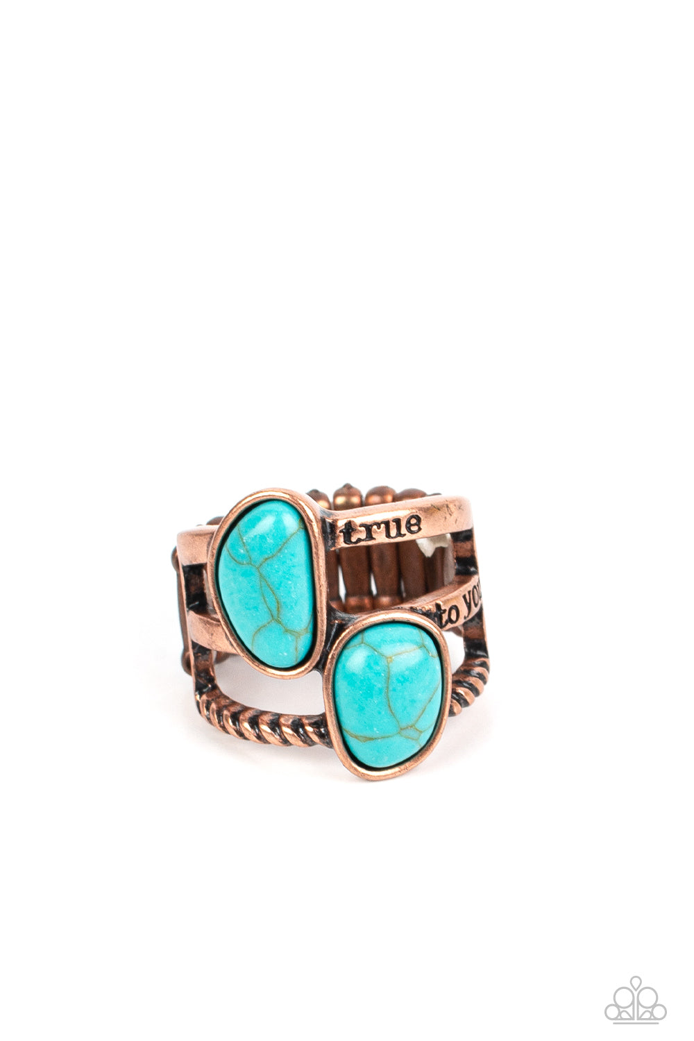 True to You Copper Ring - Paparazzi Accessories Three bands of copper arc across the finger, creating a layered display. The topmost bar is etched with the word "true" as the center bar completes the inspirational phrase with the words, "to you" etched inside. The last copper bar is twisted in a rope-like texture, as a pair of irregular turquoise stones add a splash of color. Features a stretchy band for a flexible fit. Sold as one individual ring.