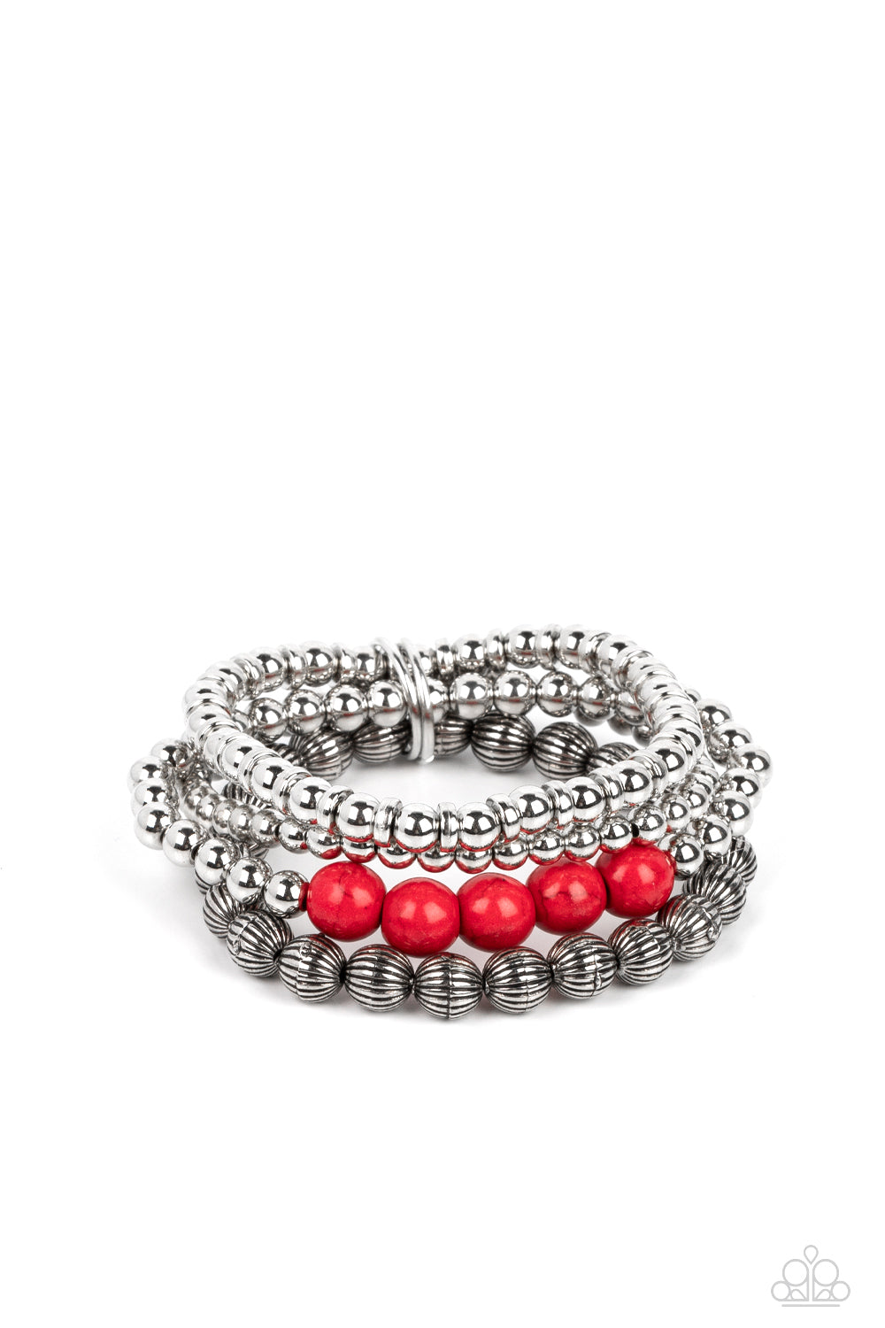 Wildland Wanderer Red Bracelet - Paparazzi Accessories Strands of small silver beads polished in a high sheen finish stack together with a strand of silver beads etched in linear patterns. A row of fiery red stones pops against the backdrop of metallic shimmer, as the stretchy bands are bundled together by a pair of silver rings. As the stone elements in this piece are natural, some color variation is normal. Sold as one set of four bracelets.