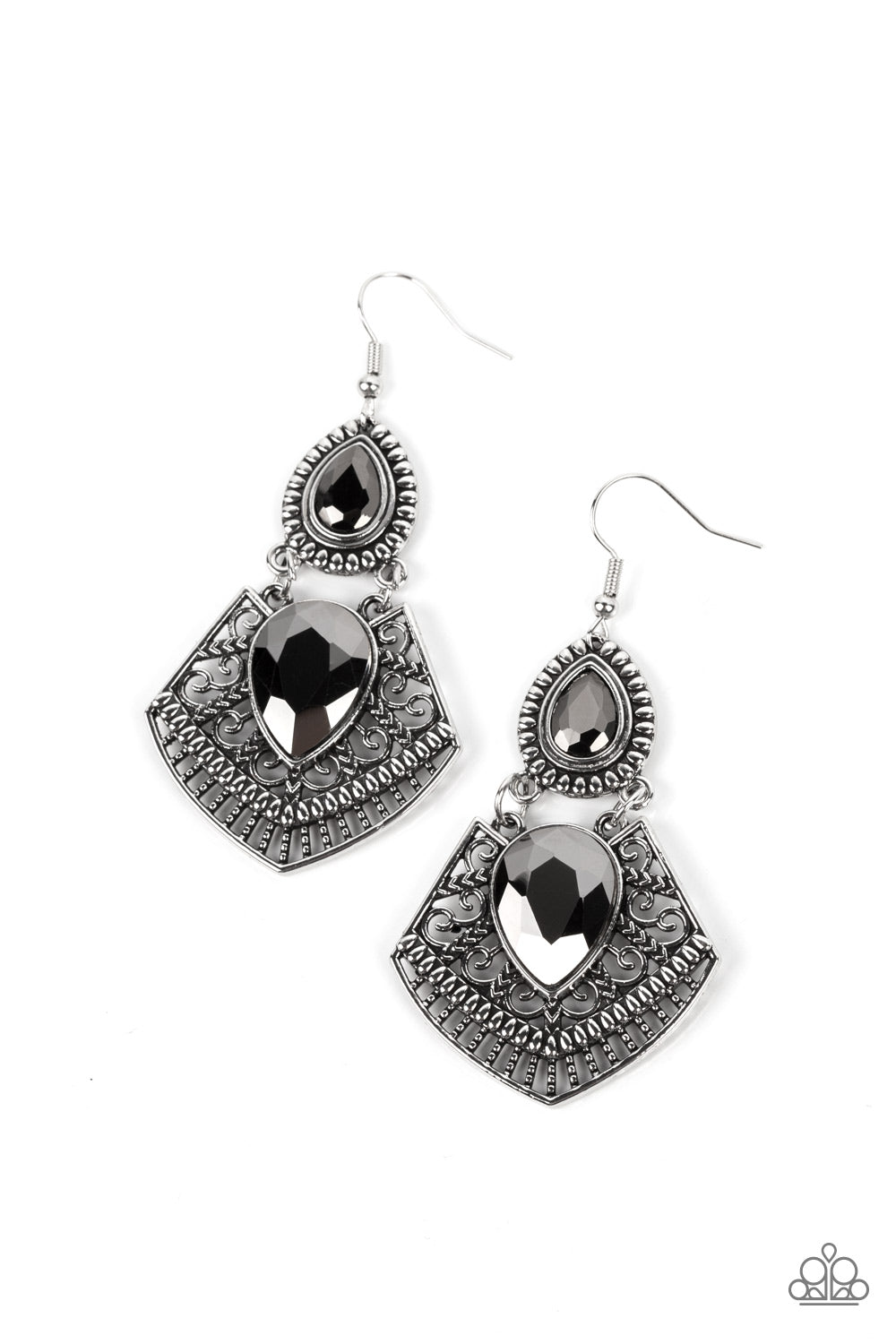 Royal Remix Silver Earring- Paparazzi Accessories A hematite teardrop gem is pressed into a flared silver frame swirled in intricate patterns. The flared frame swings below a smaller hematite teardrop that is wrapped in a border of silver studs, creating a swinging statement. Earring attaches to a standard fishhook fitting. Sold as one pair of earrings.