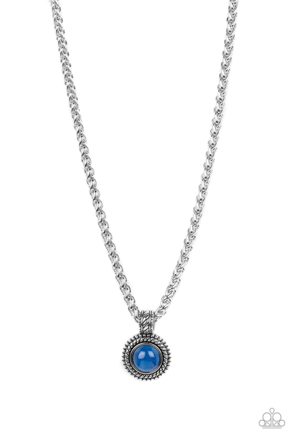 Pendant Dreams Blue Urban Necklace - Paparazzi Accessories A textured silver frame spins around a lapis stone center, creating a tranquil statement piece. The reflective pendant is anchored by a textured silver fixture, adding eye-catching dimension as the pendant slides along a thick strand of silver wheat chain. Features an adjustable clasp closure. As the stone elements in this piece are natural, some color variation is normal. Sold as one individual necklace.