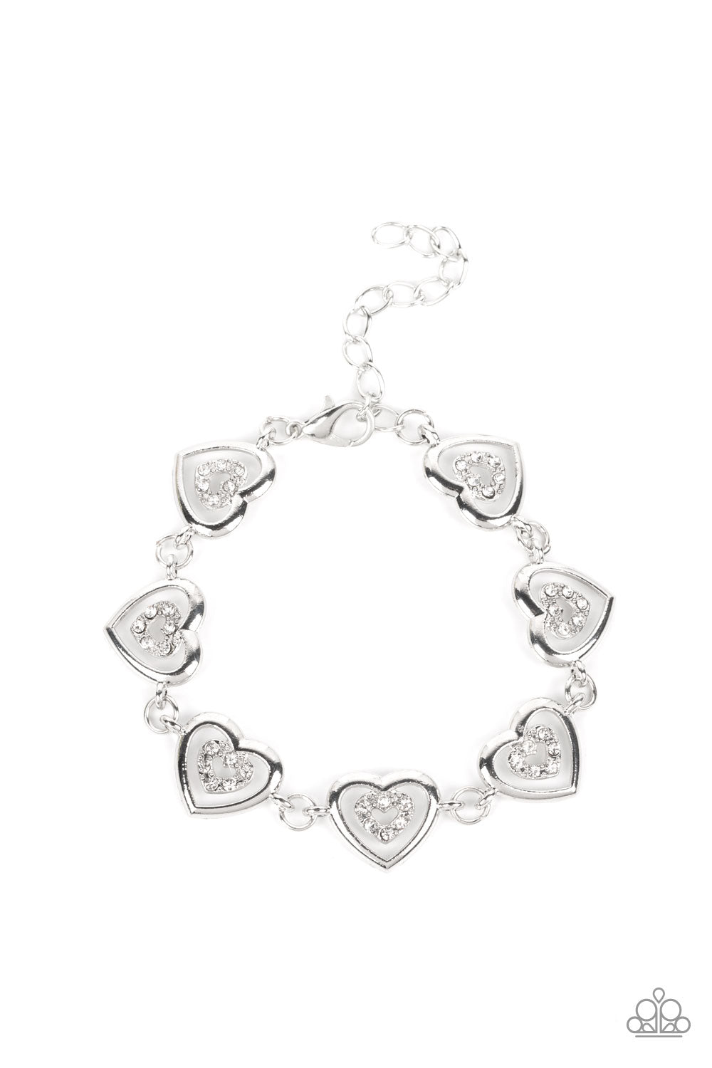 Catching Feelings White Bracelet - Paparazzi Accessories Dotted with dainty white rhinestones, airy silver heart silhouettes are affixed to the points of larger silver heart frames. The two dimensional heart frames link together around the wrist in a flirtatious finish. Features an adjustable clasp closure. Sold as one individual bracelet.