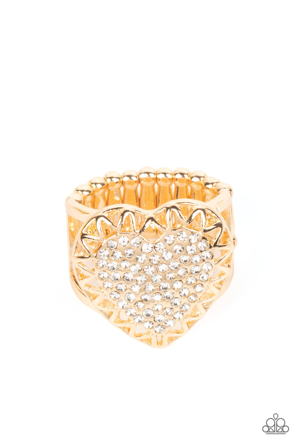Romantic Escape Gold Ring - Paparazzi Accessories An airy gold frame with cutouts resembling a subtle zig-zag pattern, wraps around a heart filled with brilliant white rhinestones to create a dazzling centerpiece atop the finger. Features a stretchy band for a flexible fit. Sold as one individual ring.