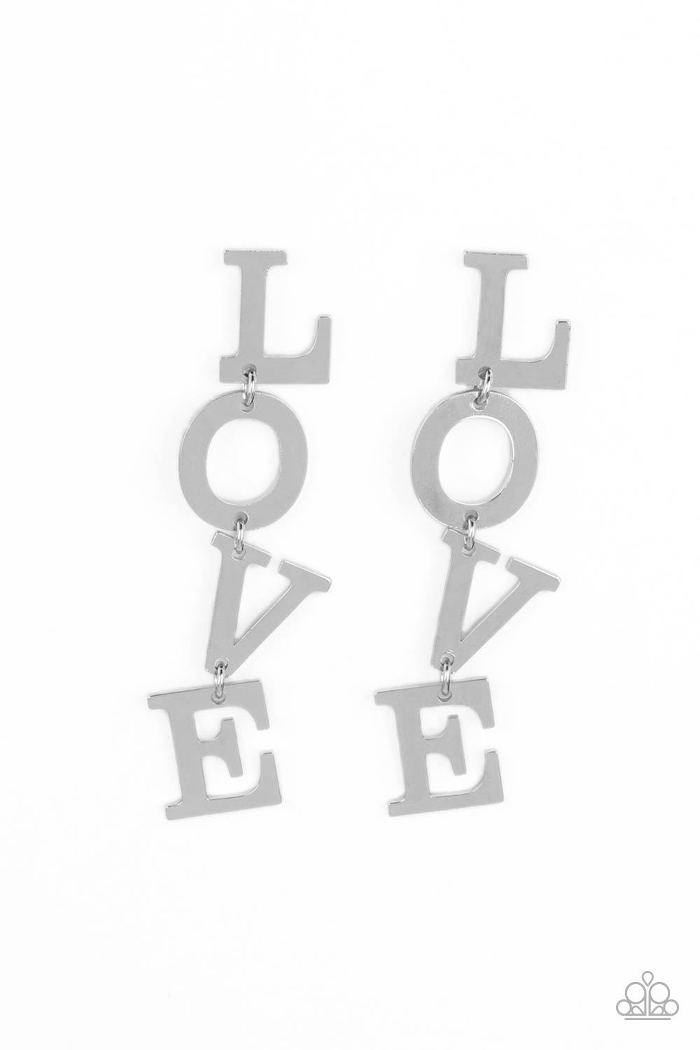 L-O-V-E Silver Post Earring - Paparazzi Accessories Silver letters with a lightly hammered sheen spell out the word "LOVE" as they vertically cascade down the ear in a flattering finish. Each of the letters are interconnected to one another giving the piece some whimsically playful movement. Earring attaches to a standard post fitting. Sold as one pair of post earrings.