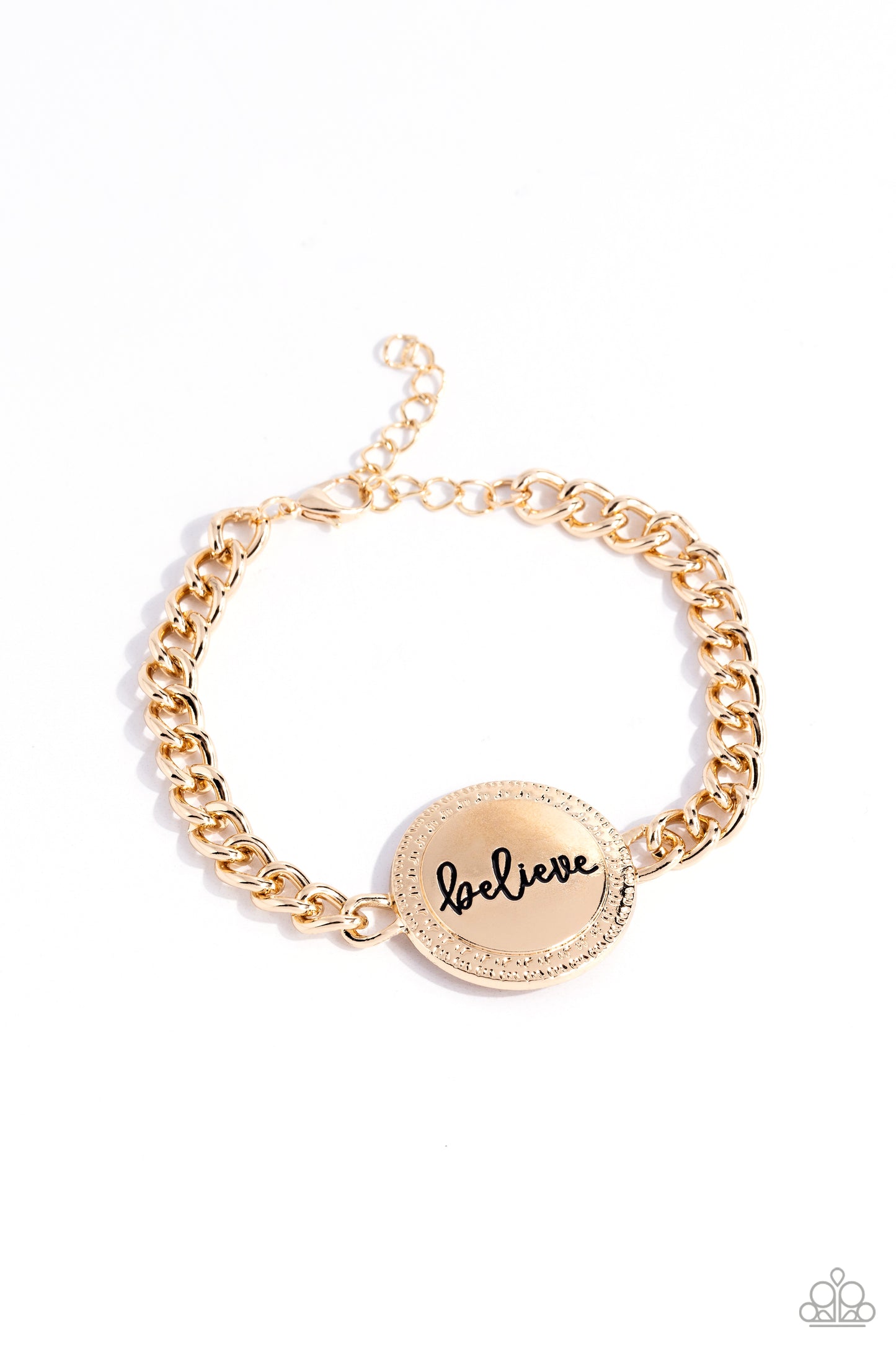 Hope and Faith Gold Believe Bracelet - Paparazzi Accessories A gold disc is anchored at the center of a thick gold chain that wraps around the wrist. The word "believe" is etched into the center of the gold disc in a fancy script as a textured border decorates the edge. Features an adjustable clasp closure. Sold as one individual bracelet. Sku: P9WD-GDXX-179XX