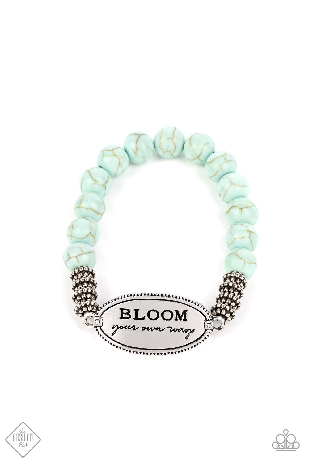 Bedouin Bloom Blue Bracelet - Paparazzi Accessories An asymmetrical textured oval pendant features the phrase "BLOOM your own way" in a variety of fonts to emphasize the inspirational message. Four textured wheels fan out from the pendant to a refreshing collection of light blue stones that stretch along the wrist on an elastic stretchy band for a charming pop of color along the wrist. As the stone elements in this piece are natural, some color variation is normal. Sold as one individual bracelet.
