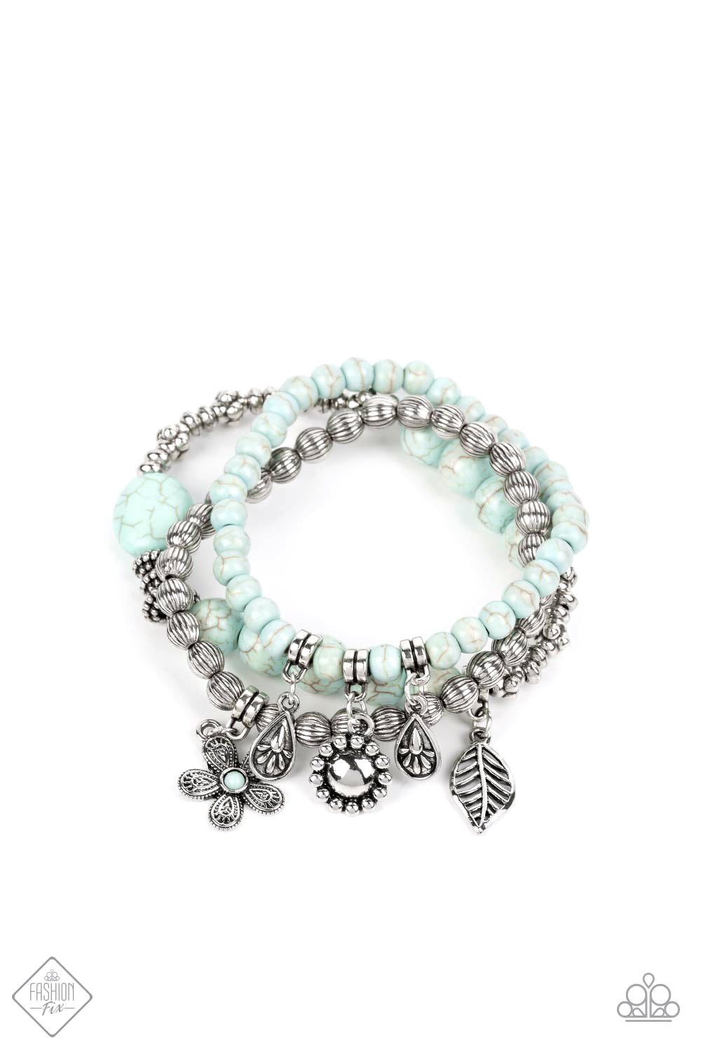 Individual Inflorescence Blue Bracelet - Paparazzi Accessories A trio of floral-inspired bracelets, featuring comfortable stretchy bands and smooth light blue stones, stack along the wrist to create a bold statement piece.