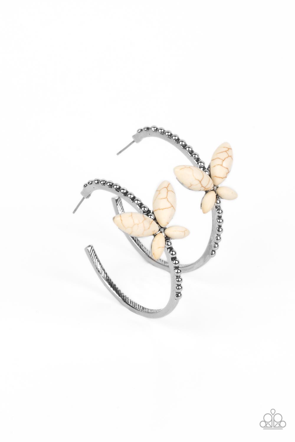 Bohemian Butterfly White Hoop Earring - Paparazzi Accessories A dainty, white stone butterfly flutters atop the curve of a glistening silver hoop dotted with silver studs, creating a refreshing, whimsical sight. Earring attaches to a standard post fitting. Hoop measures approximately 1 1/2" in diameter. As the stone elements in this piece are natural, some color variation is normal. Sold as one pair of hoop earrings.